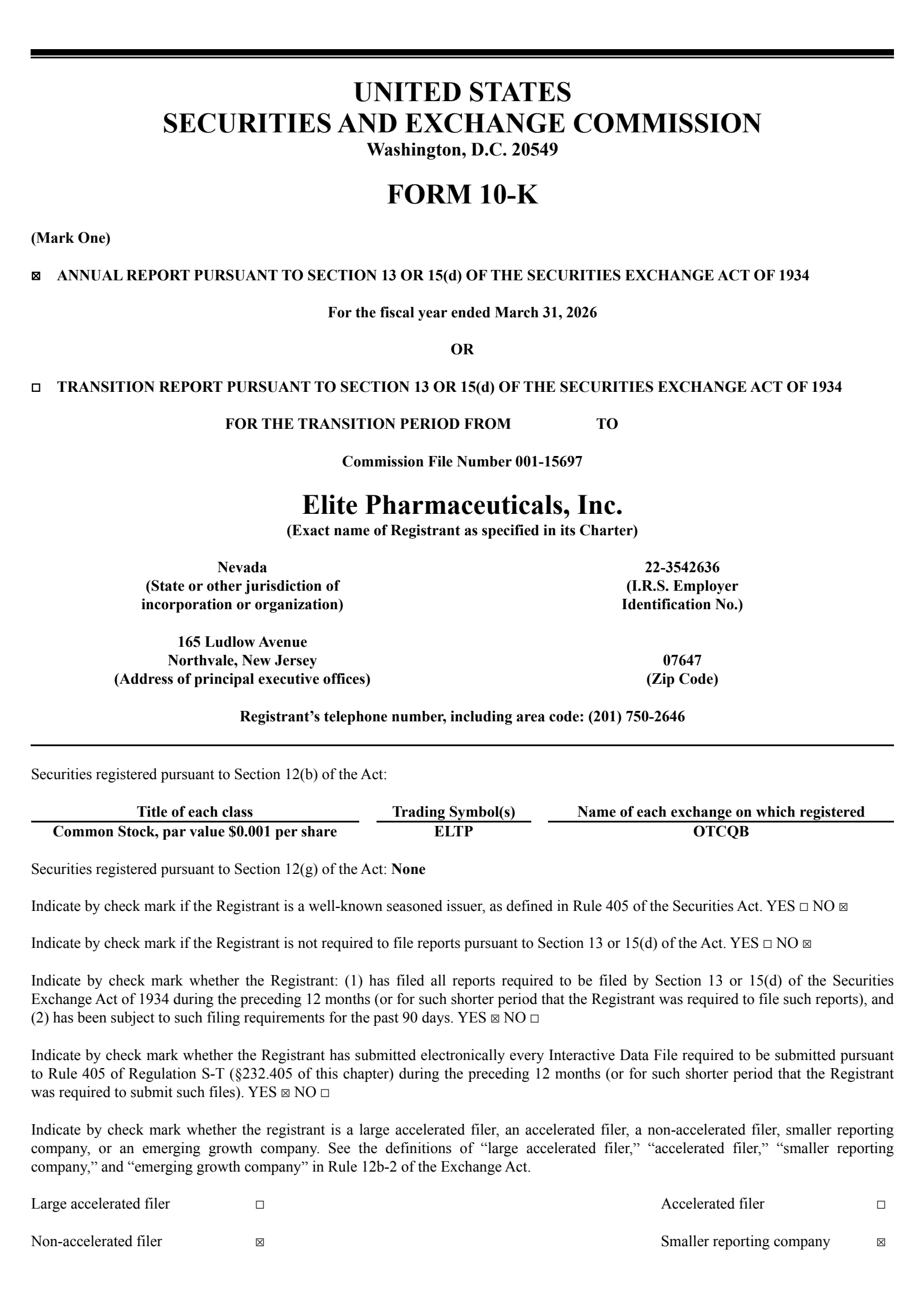 Elite Pharmaceuticals' Q4 2026 Annual report