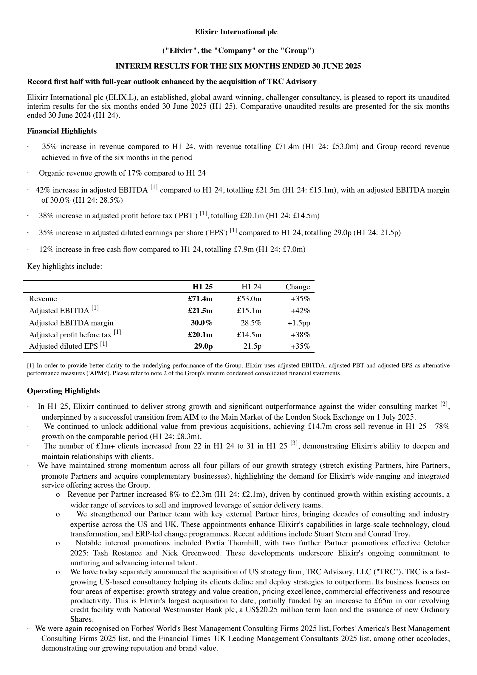 Elixirr International's H1 2025 Interim Report
