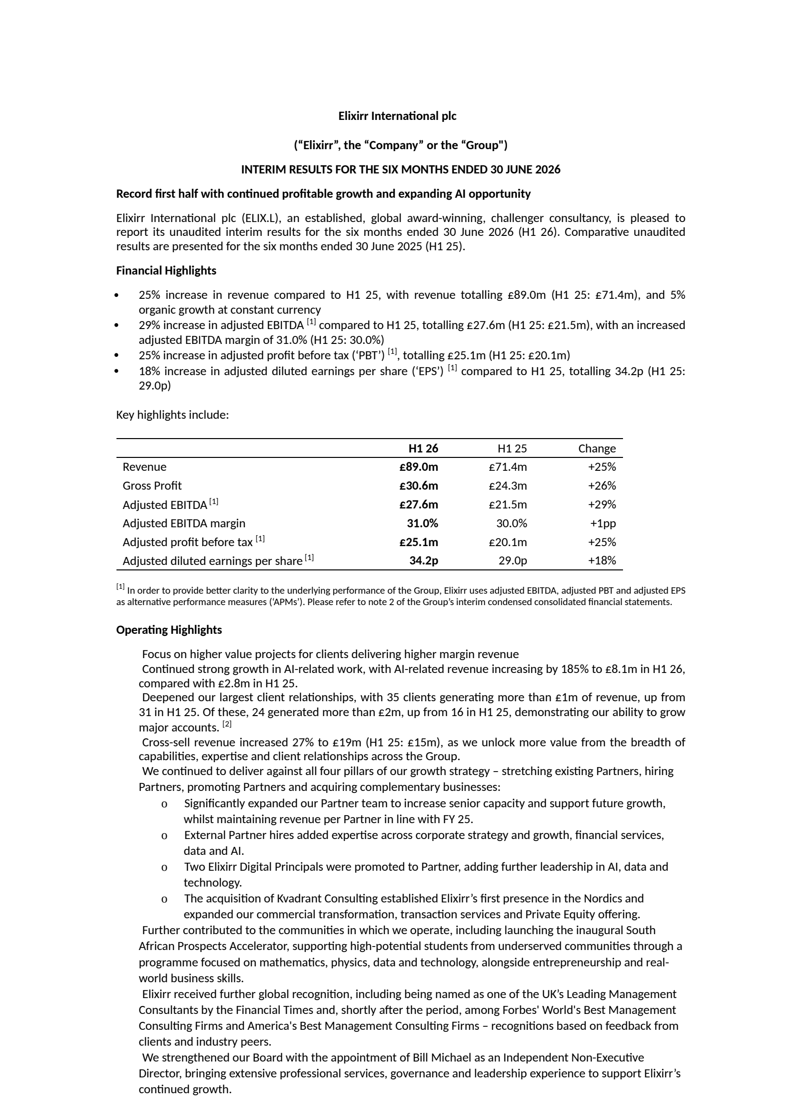Elixirr International's H1 2026 Interim report