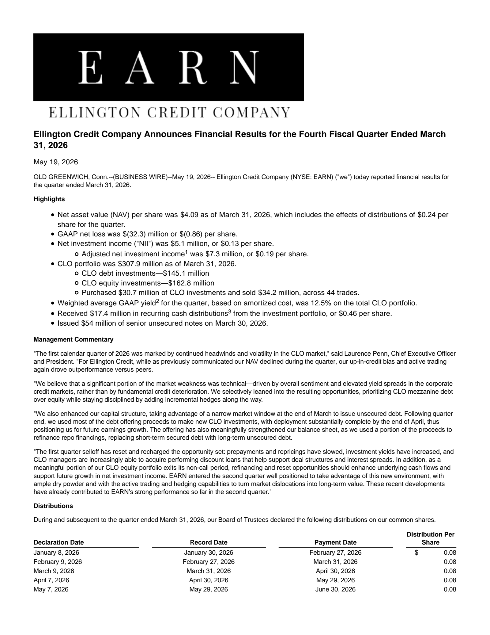 Ellington Credit's Q1 2026 Press Release
