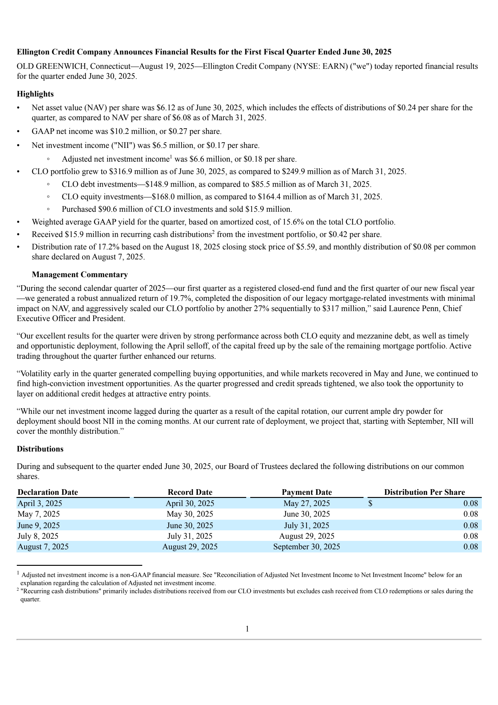 Ellington Credit's Q2 2025 Press Release