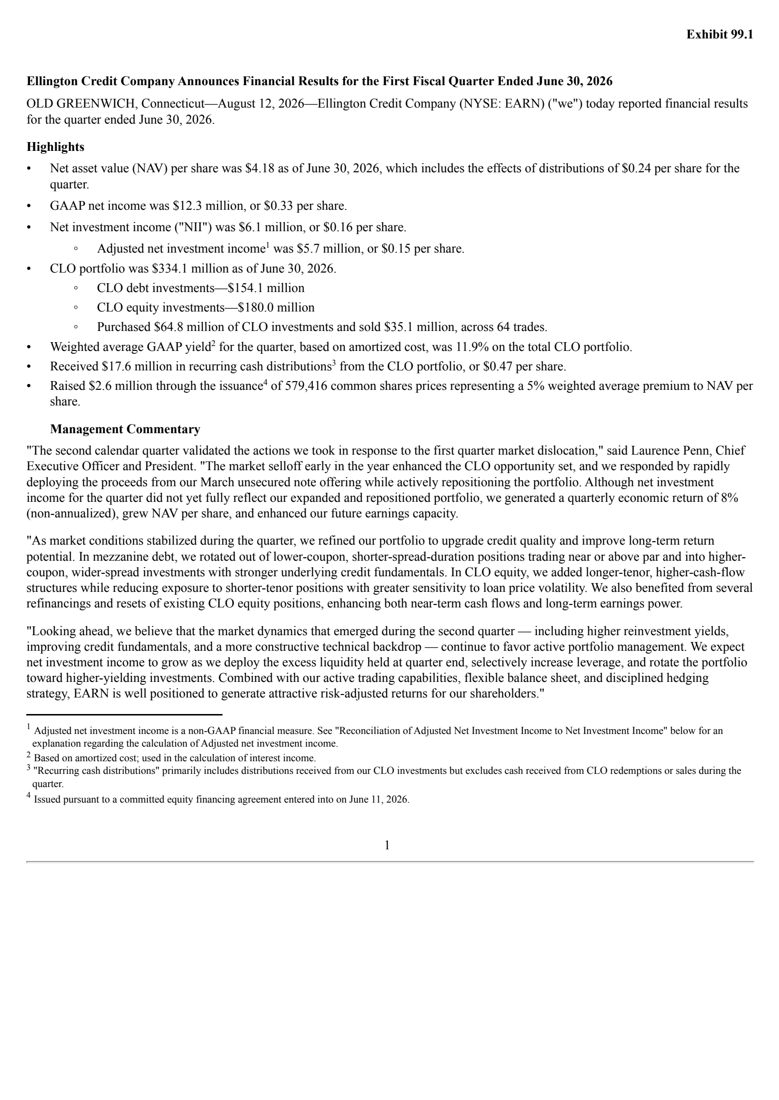 Ellington Credit's Q2 2026 Press Release