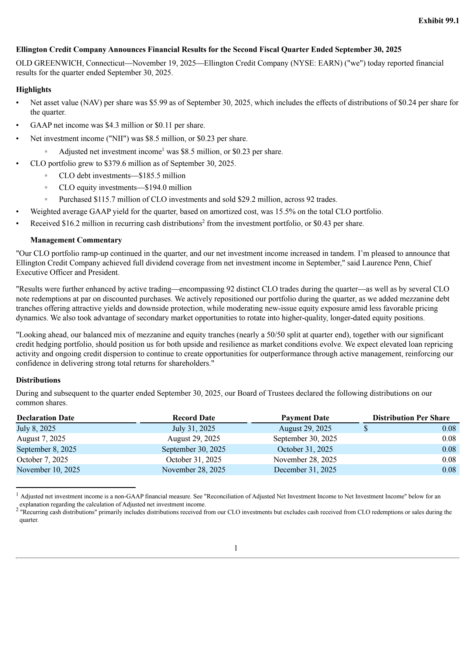 Ellington Credit's Q3 2025 Earnings Release