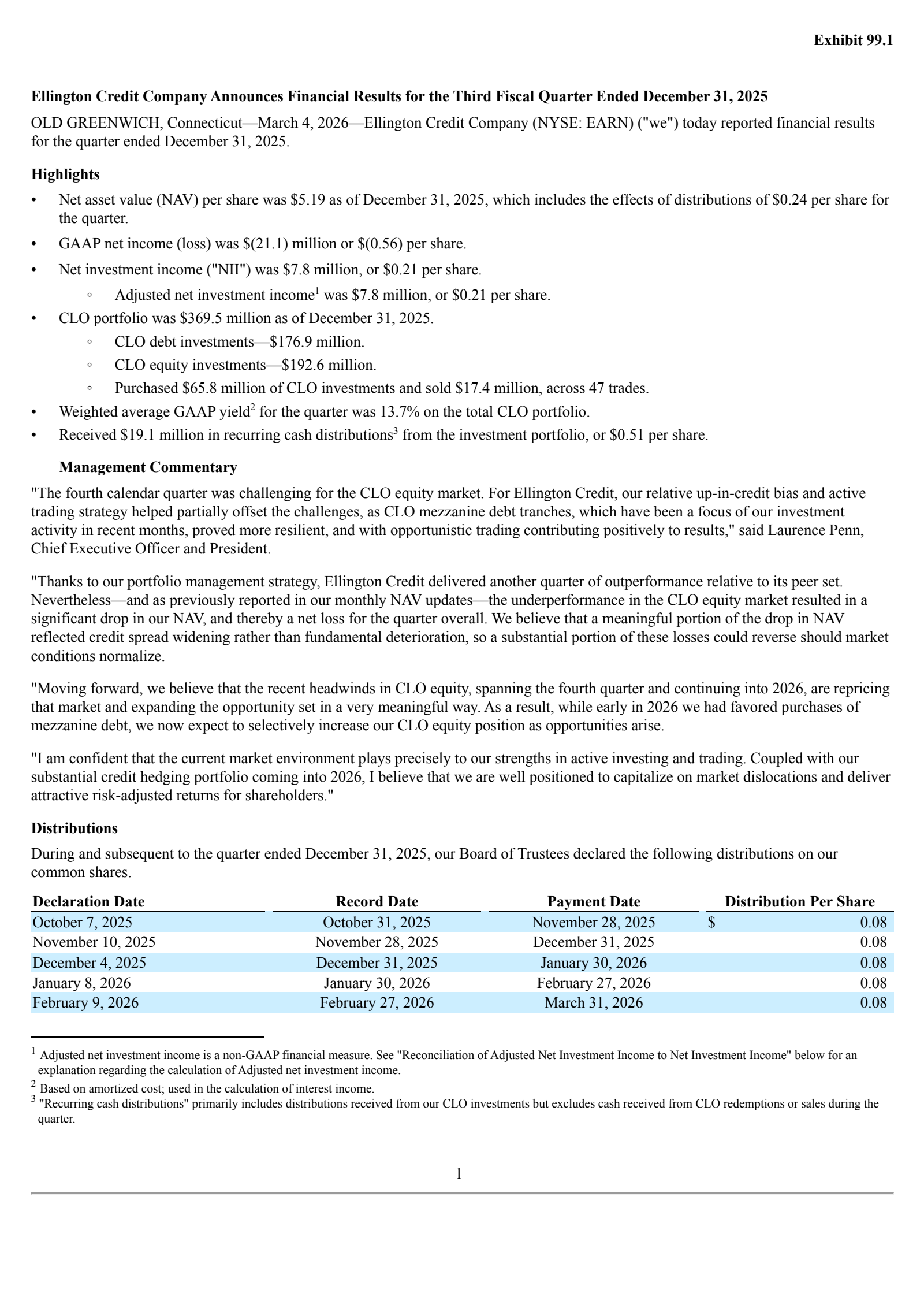 Ellington Credit's Q4 2025 Press Release