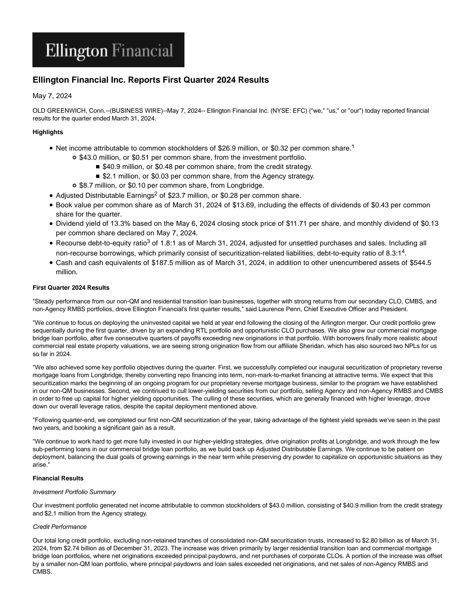 Ellington Financial's Q1 2024 Press Release