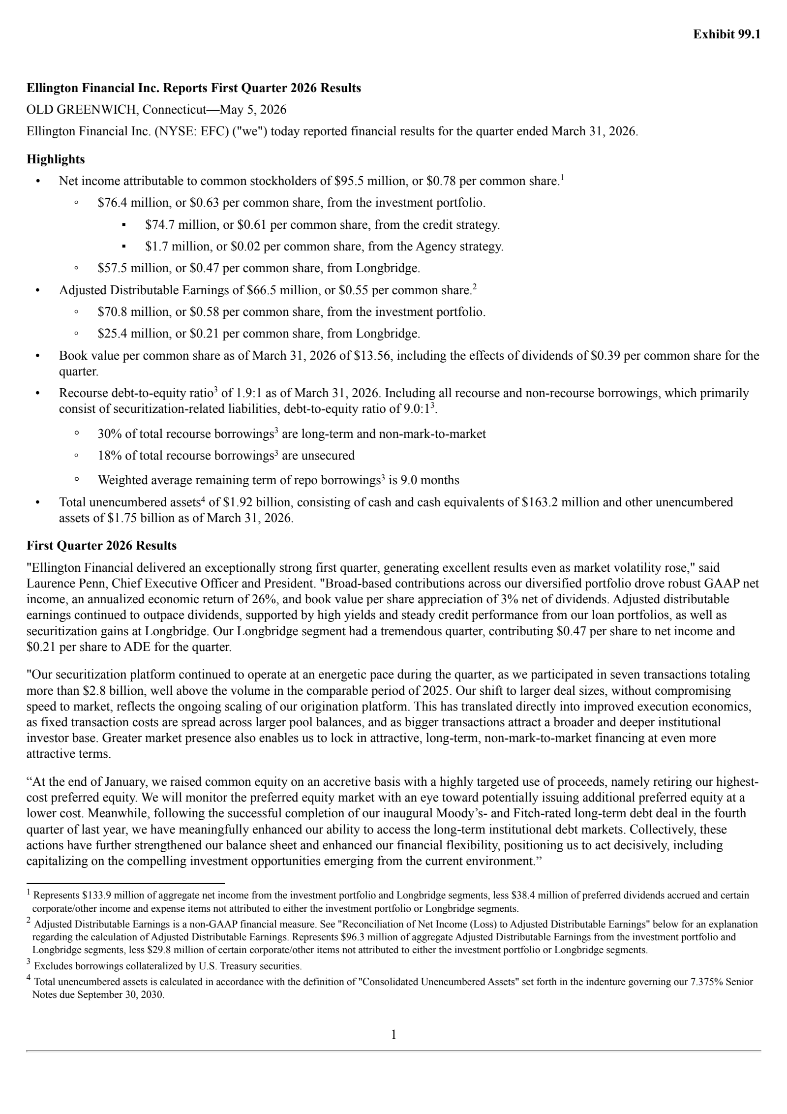 Ellington Financial's Q1 2026 Press Release