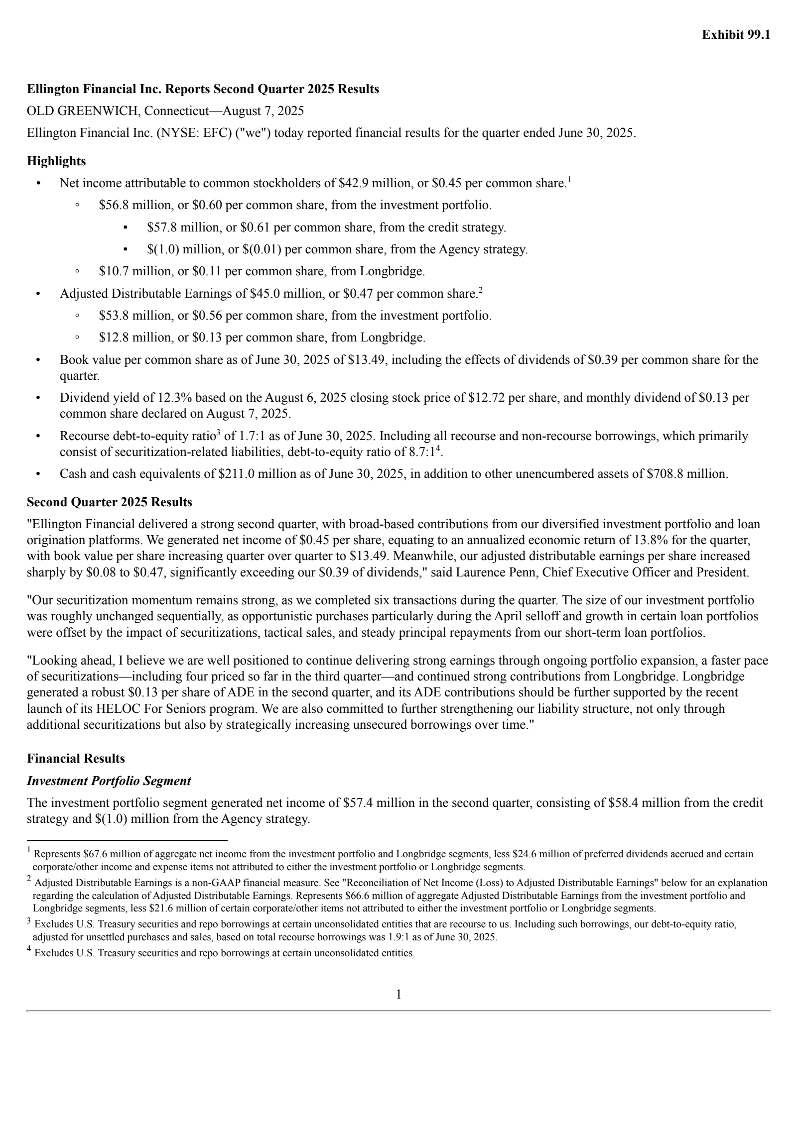 Ellington Financial's Q2 2025 Press Release