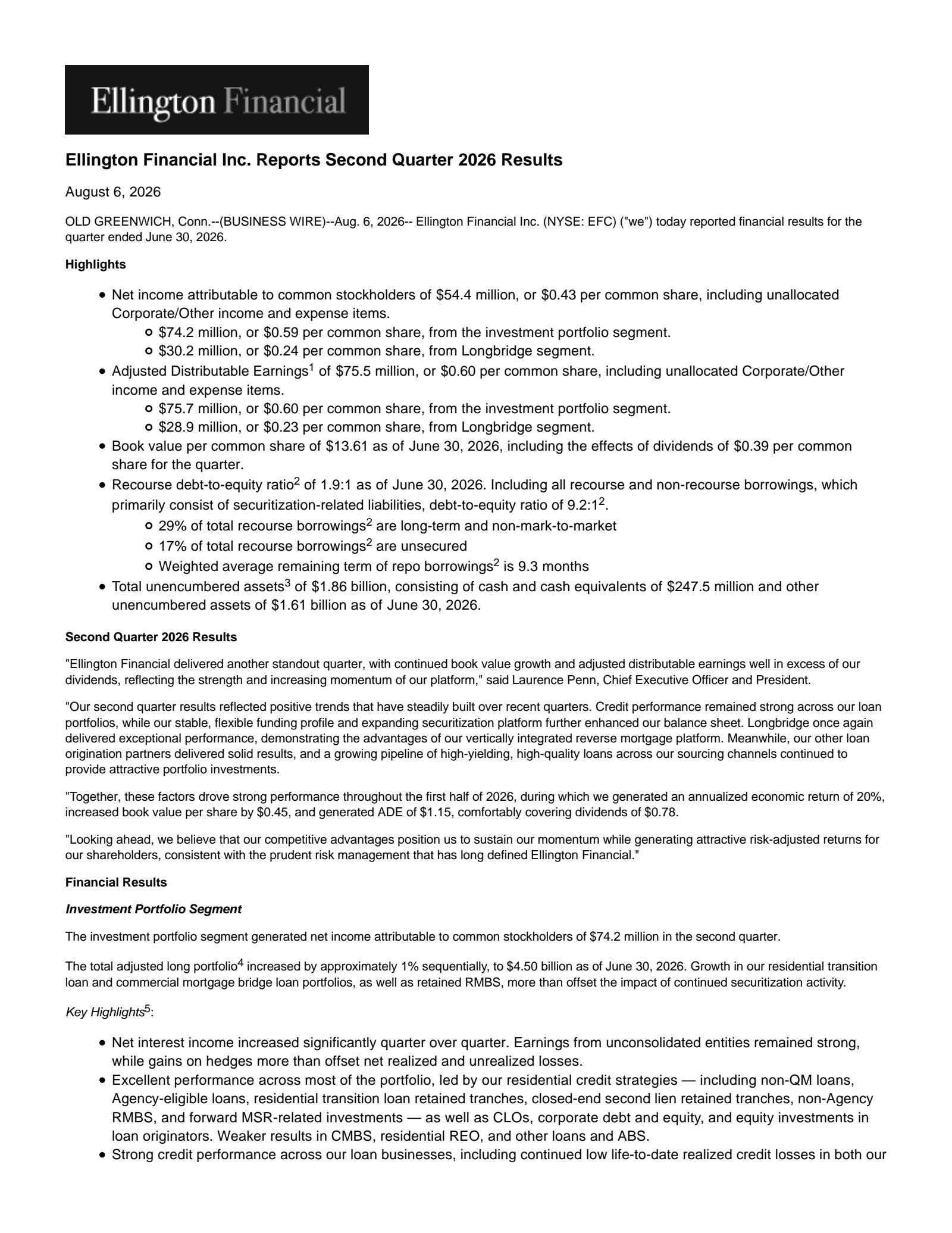 Ellington Financial's Q2 2026 Press Release