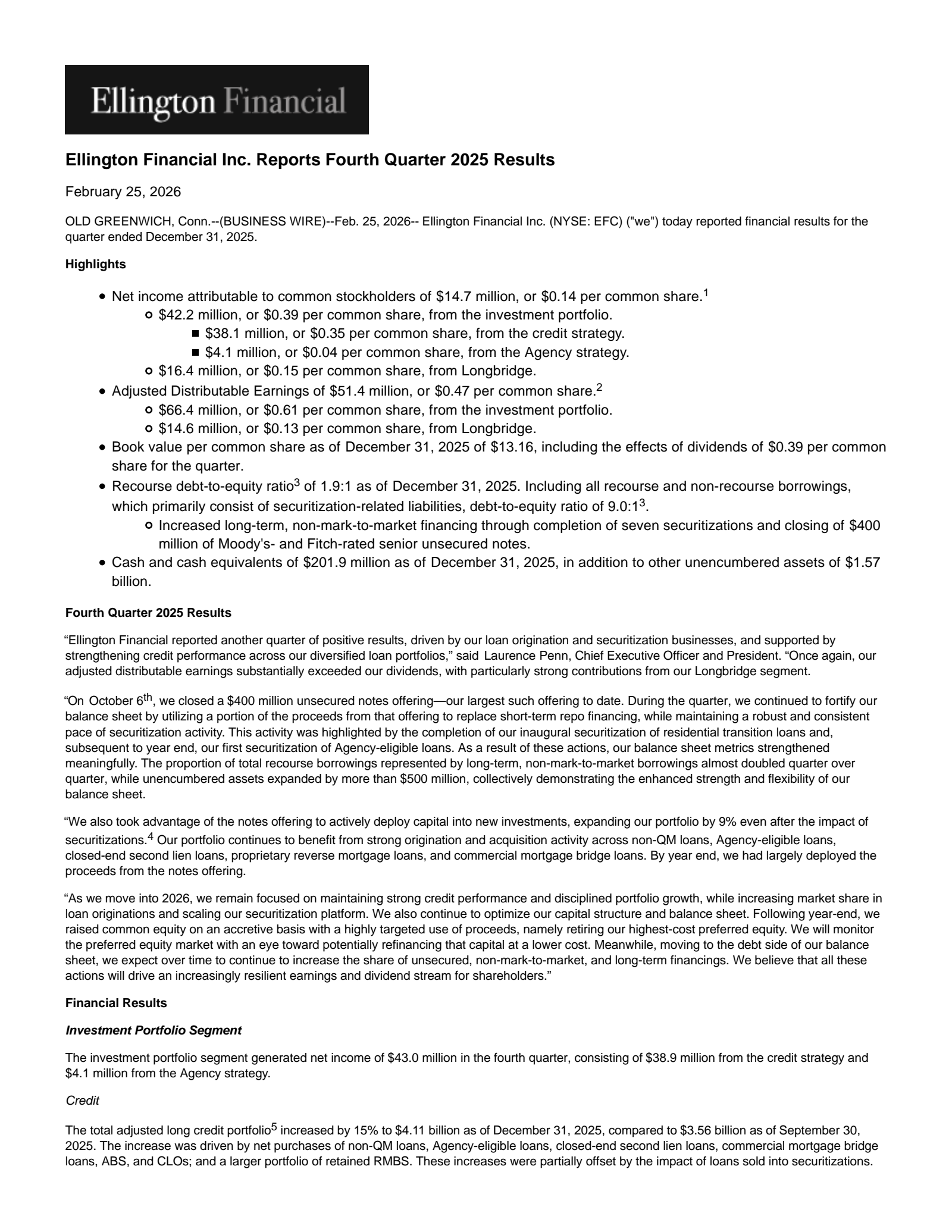 Ellington Financial's Q4 2025 Press Release