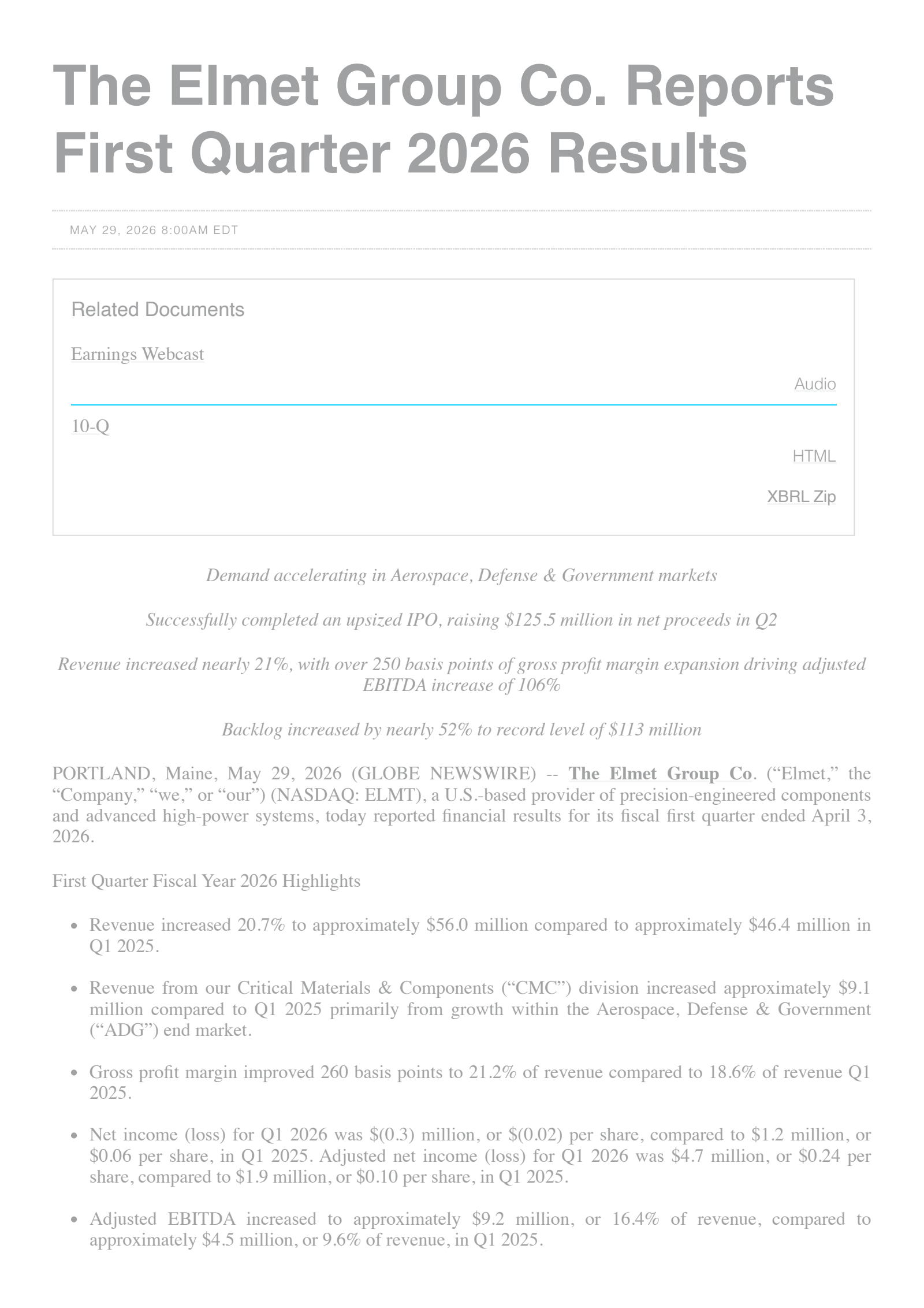 Elmet Group's Q1 2026 Press Release