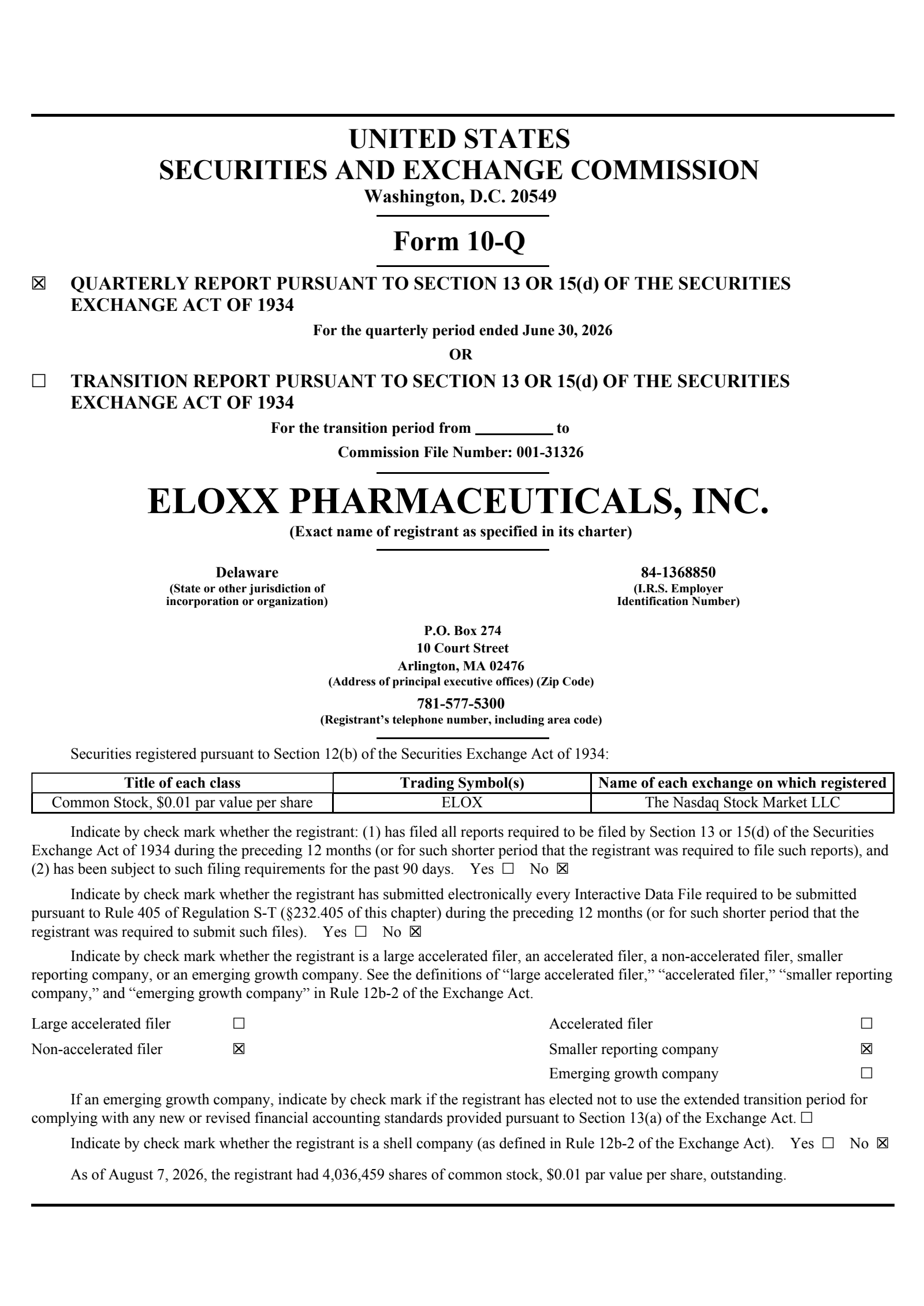 Eloxx Pharmaceuticals' Q2 2026 Quarterly report