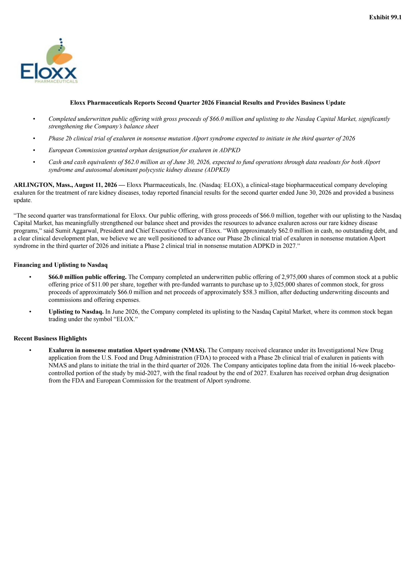 Eloxx Pharmaceuticals' Q2 2026 Press Release