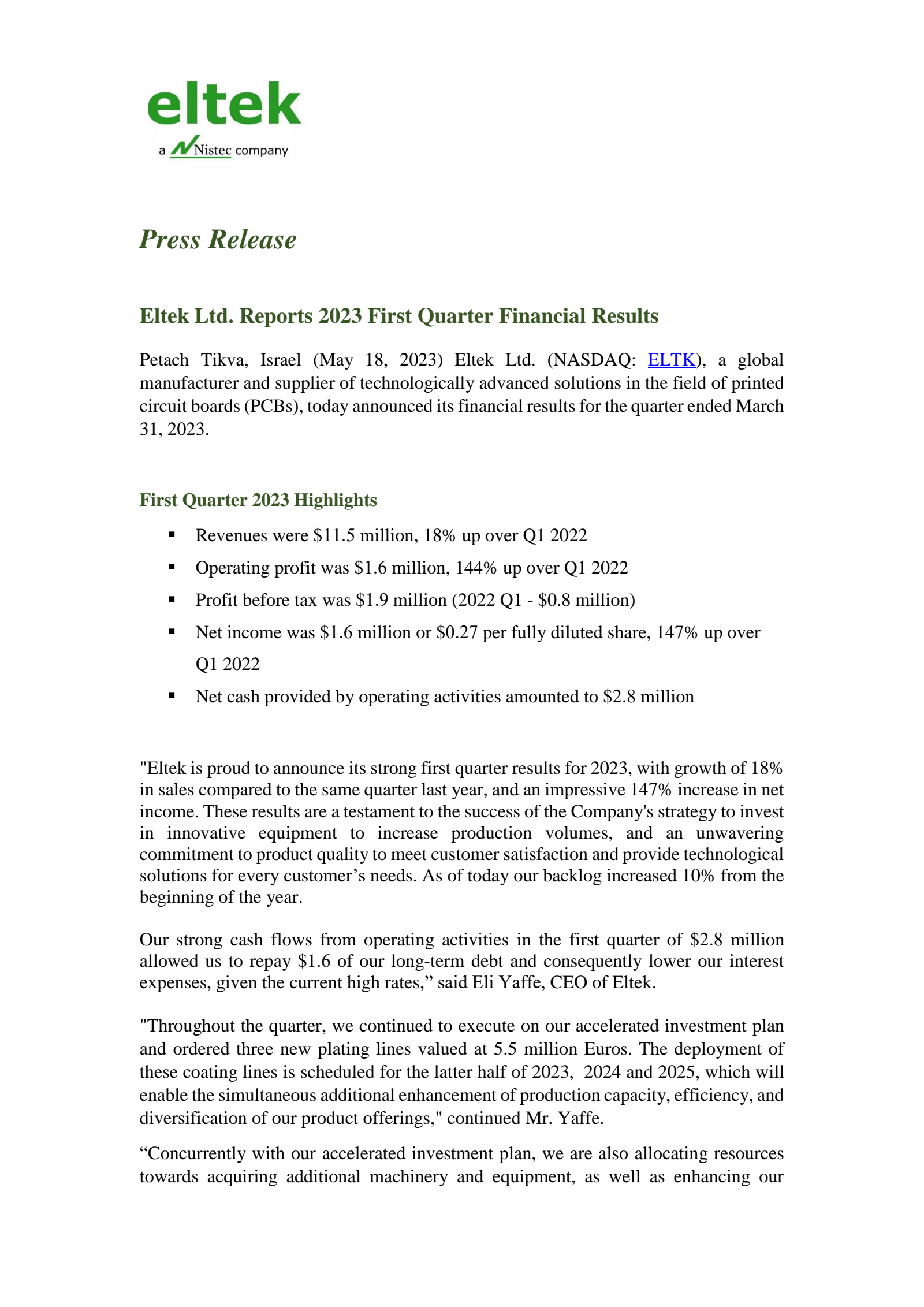 Eltek's Q1 2023 Press Release