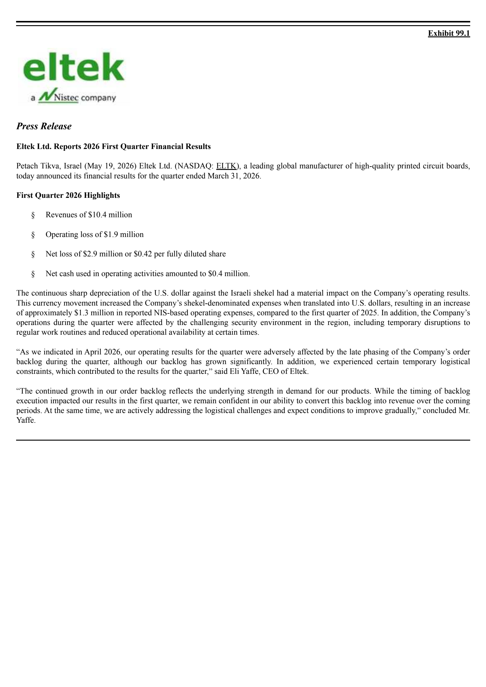 Eltek's Q1 2026 Press Release