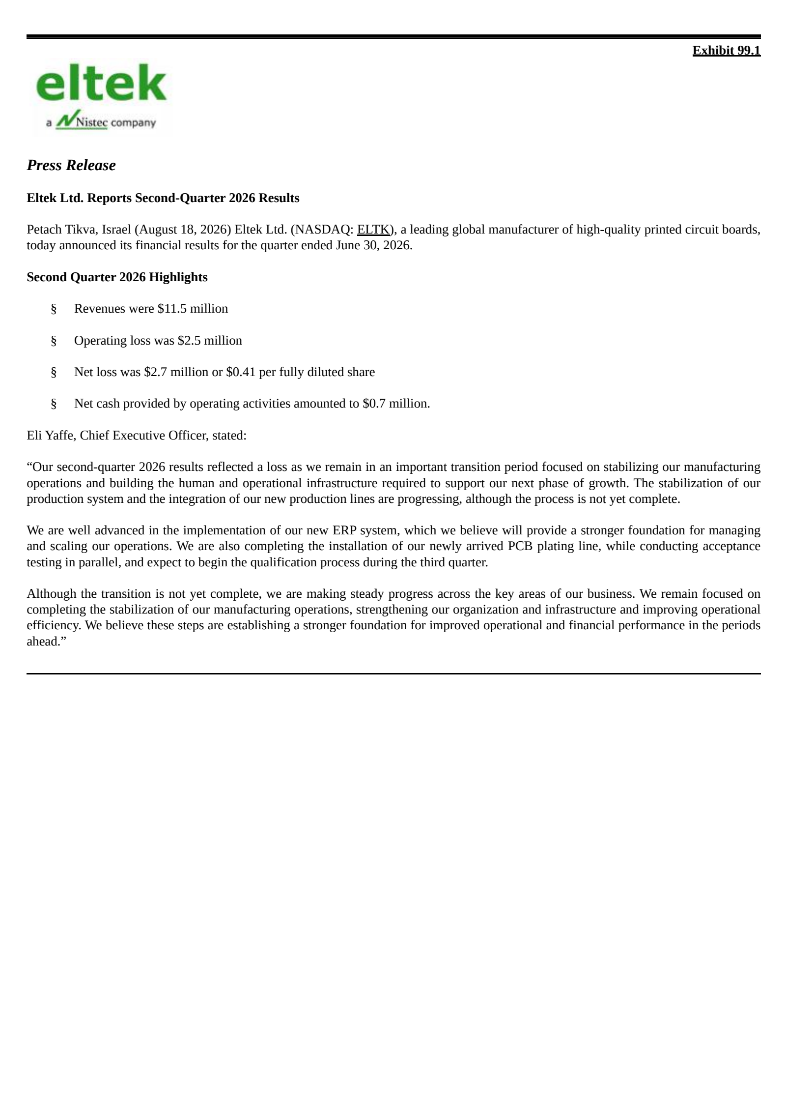 Eltek's Q2 2026 Press Release
