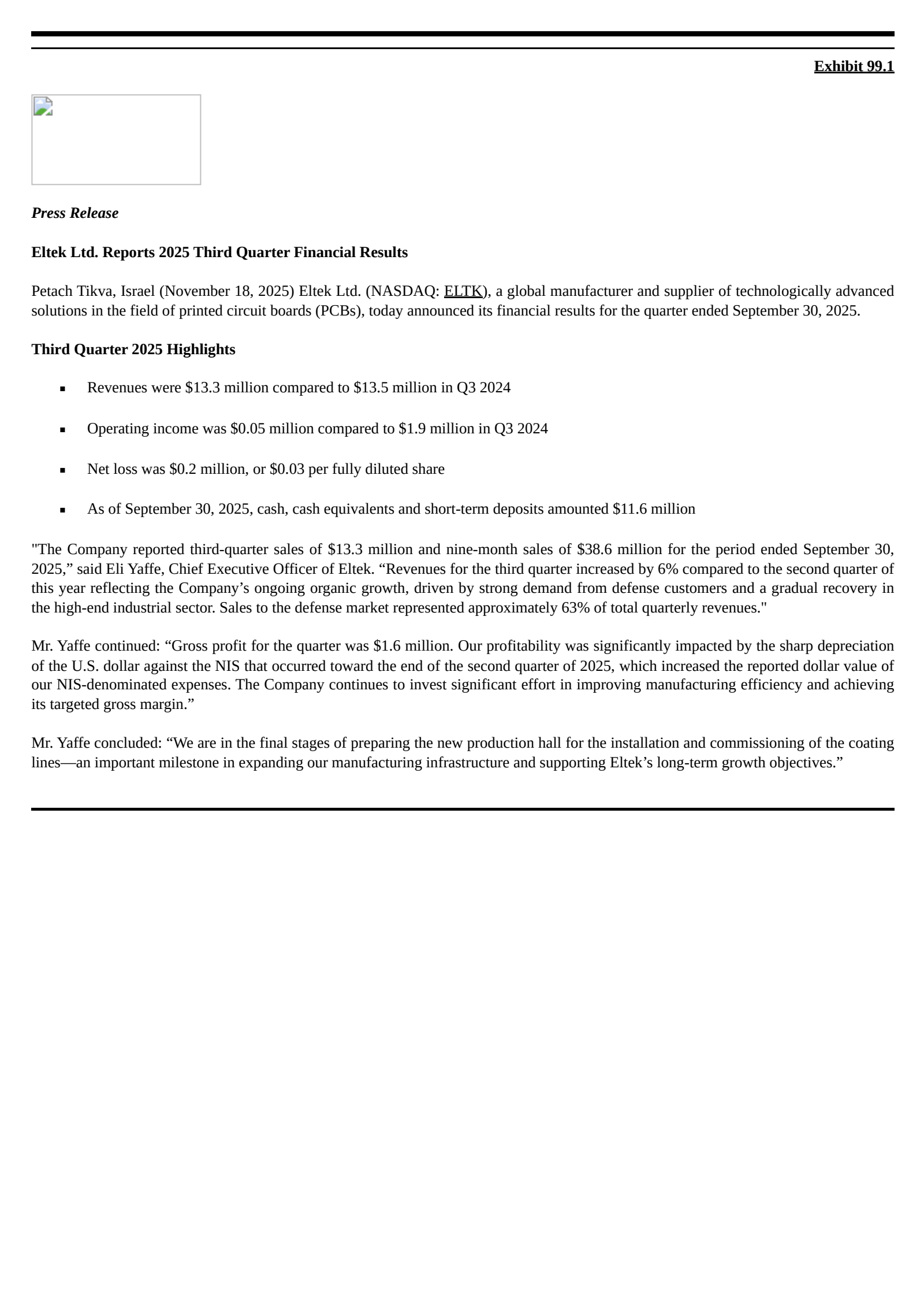 Eltek's Q3 2025 Earnings Release