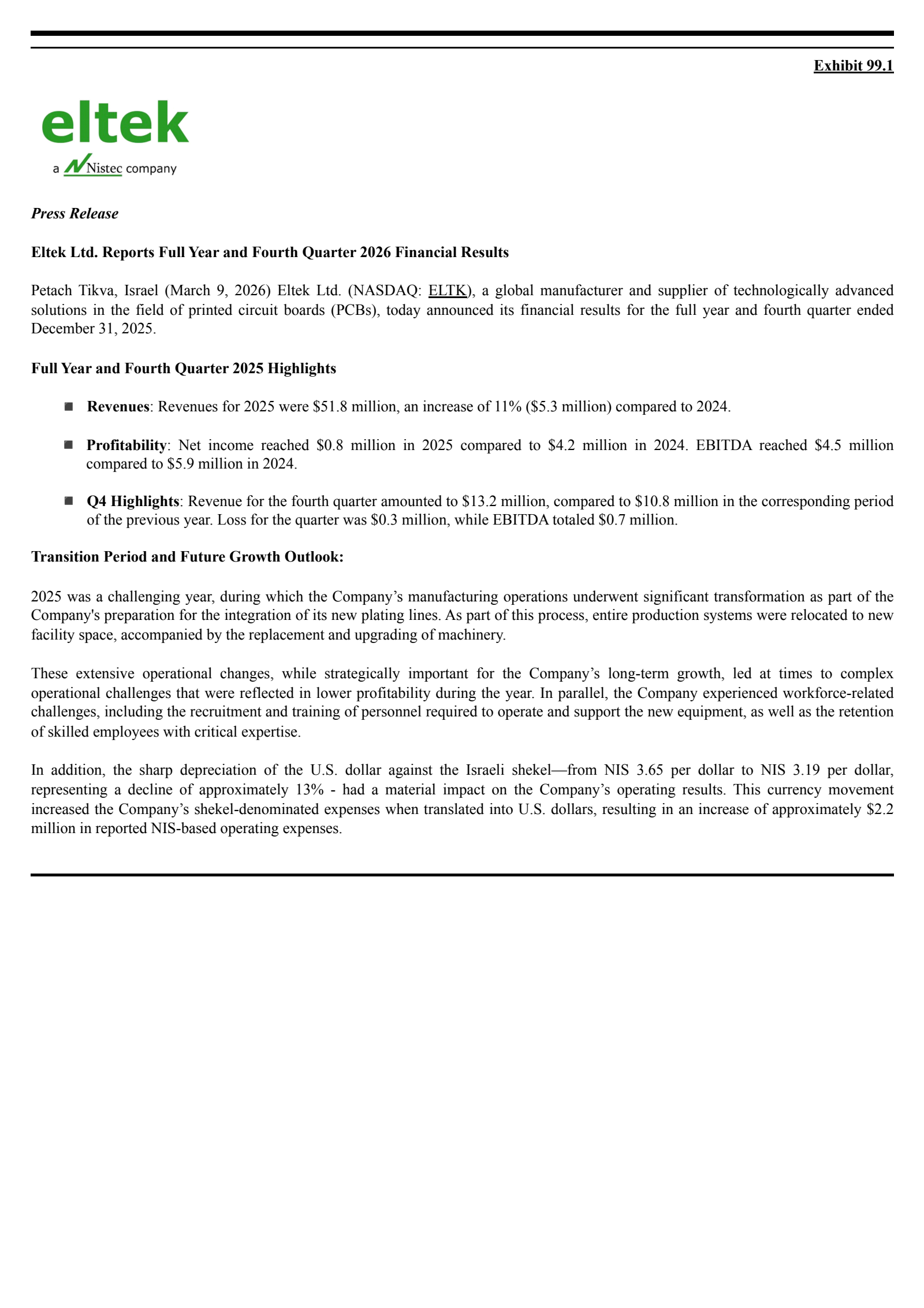 Eltek's Q4 2025 Press Release