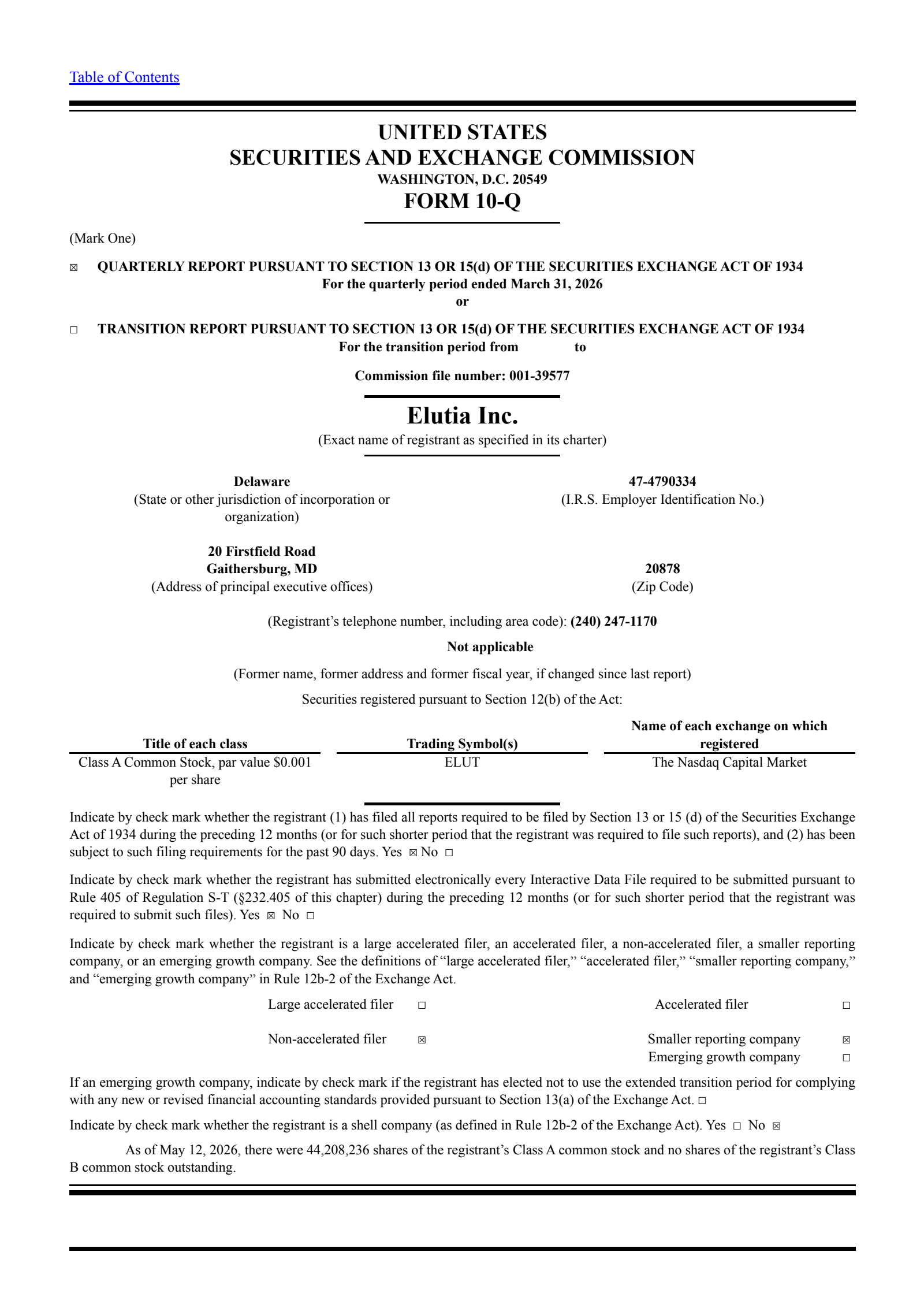 Elutia's Q1 2026 Quarterly report