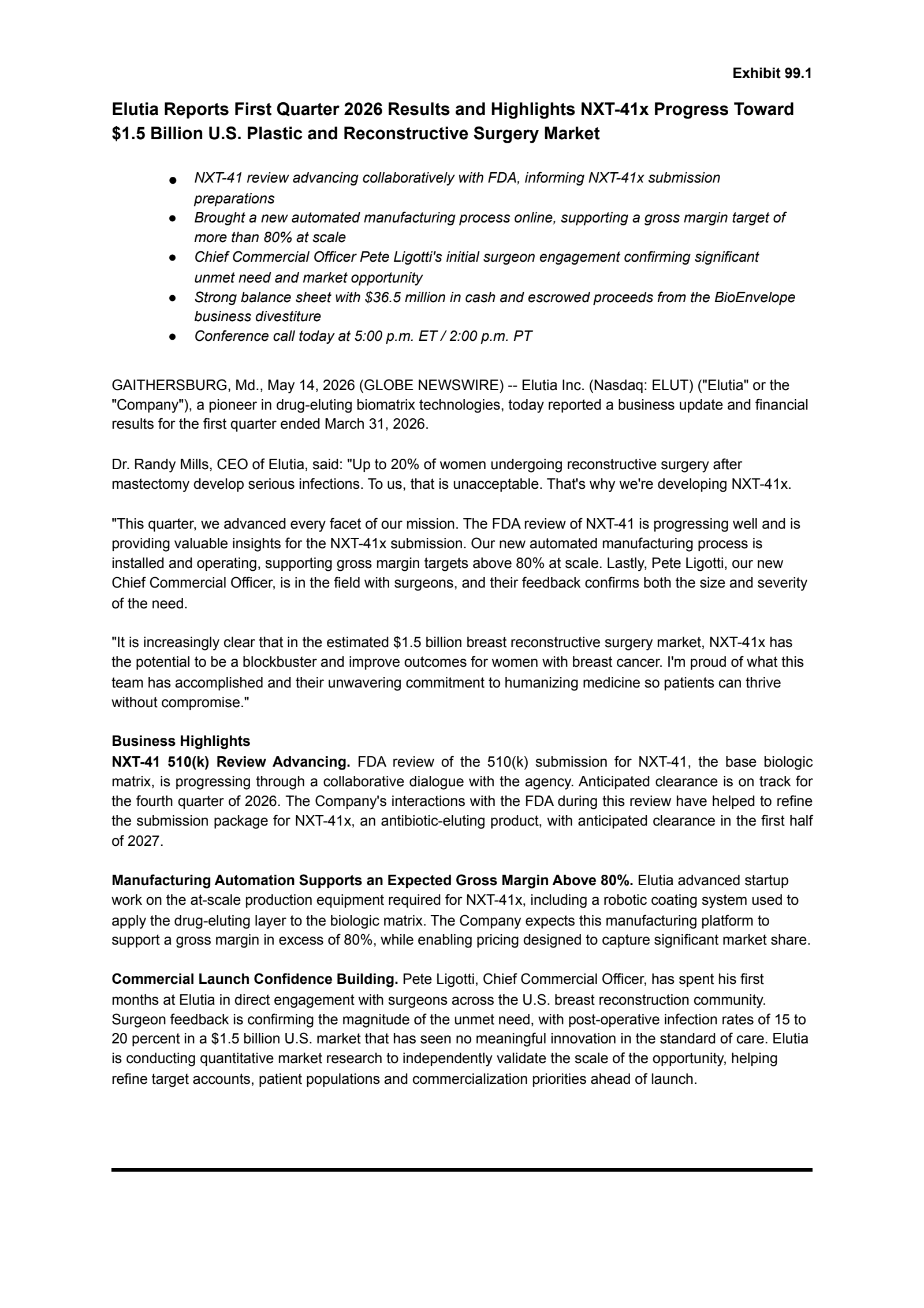 Elutia's Q1 2026 Press Release
