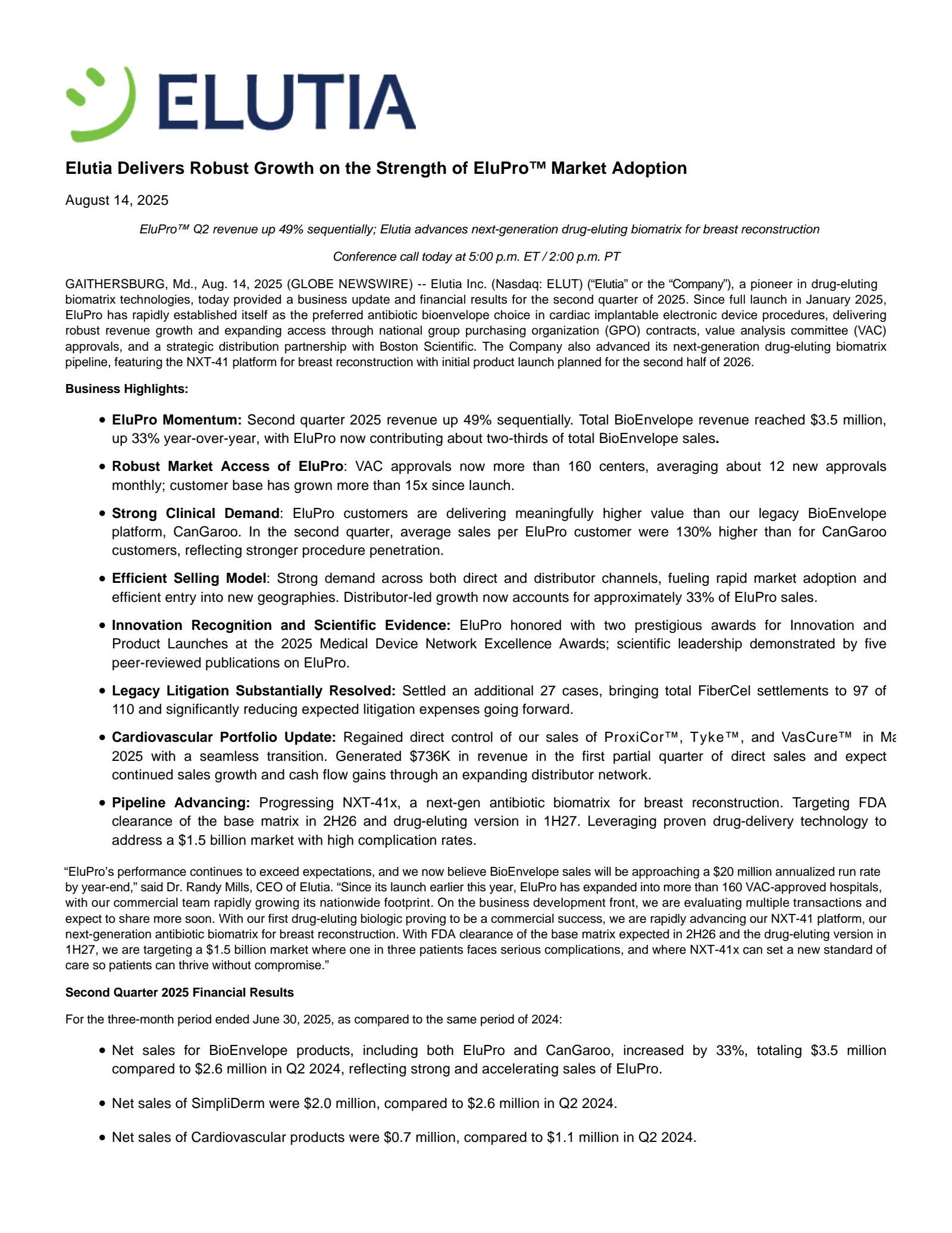 Elutia's Q2 2025 Press Release