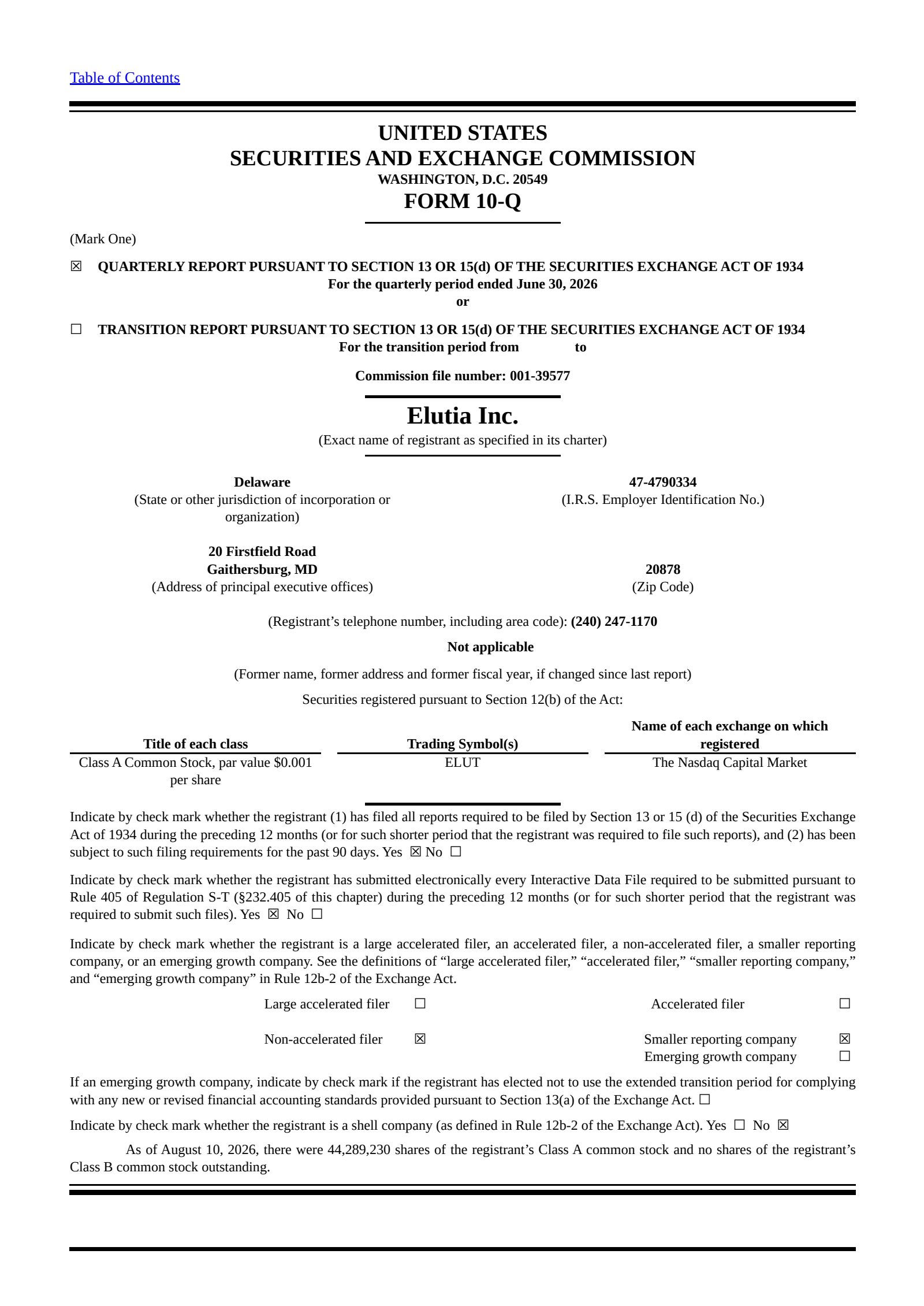Elutia's Q2 2026 Quarterly report