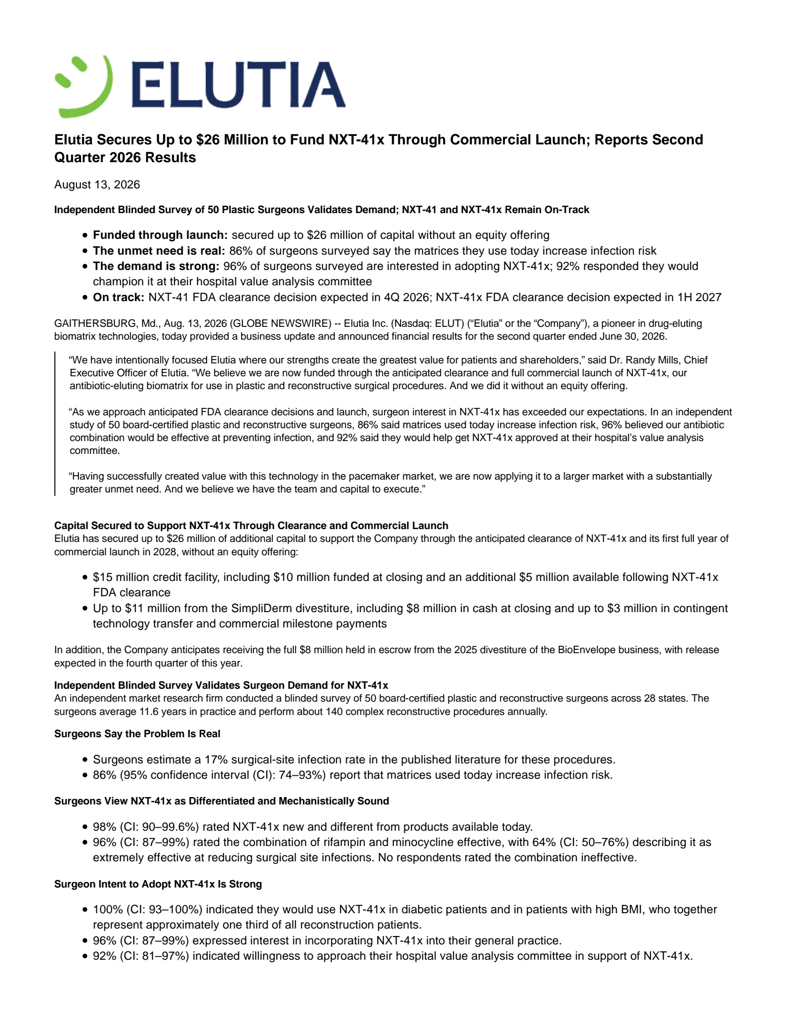 Elutia's Q2 2026 Press Release