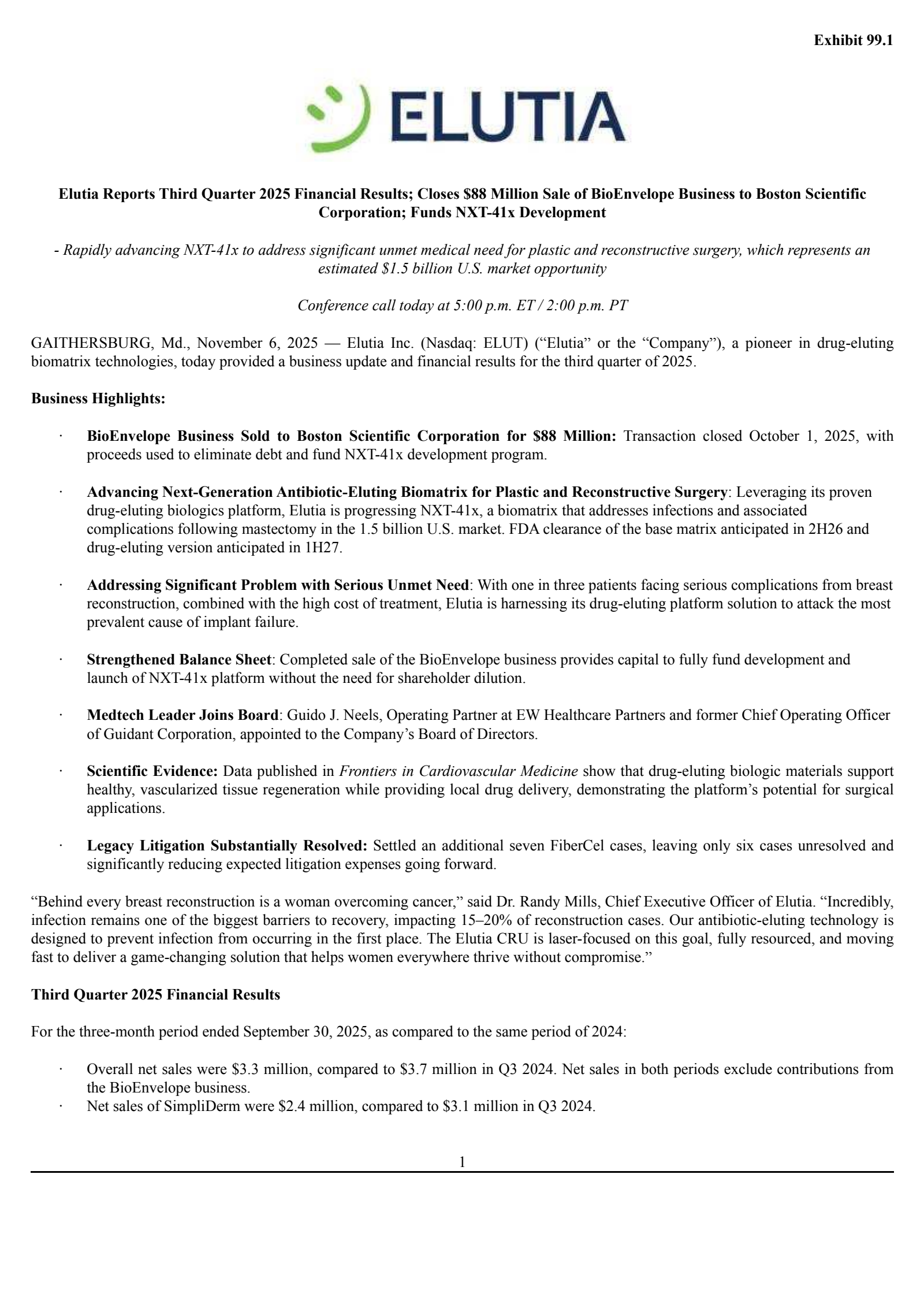 Elutia's Q3 2025 Earnings Release