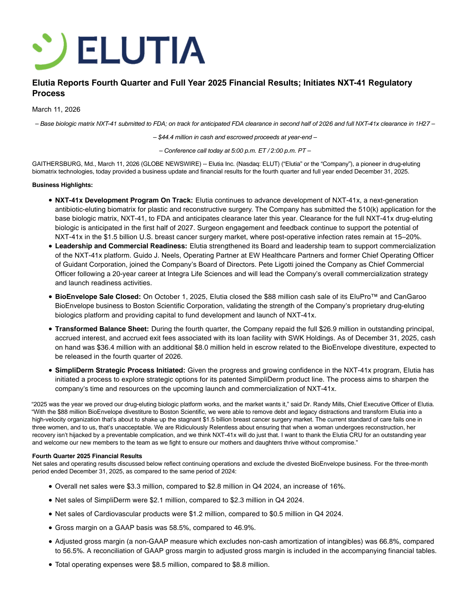 Elutia's Q4 2025 Press Release