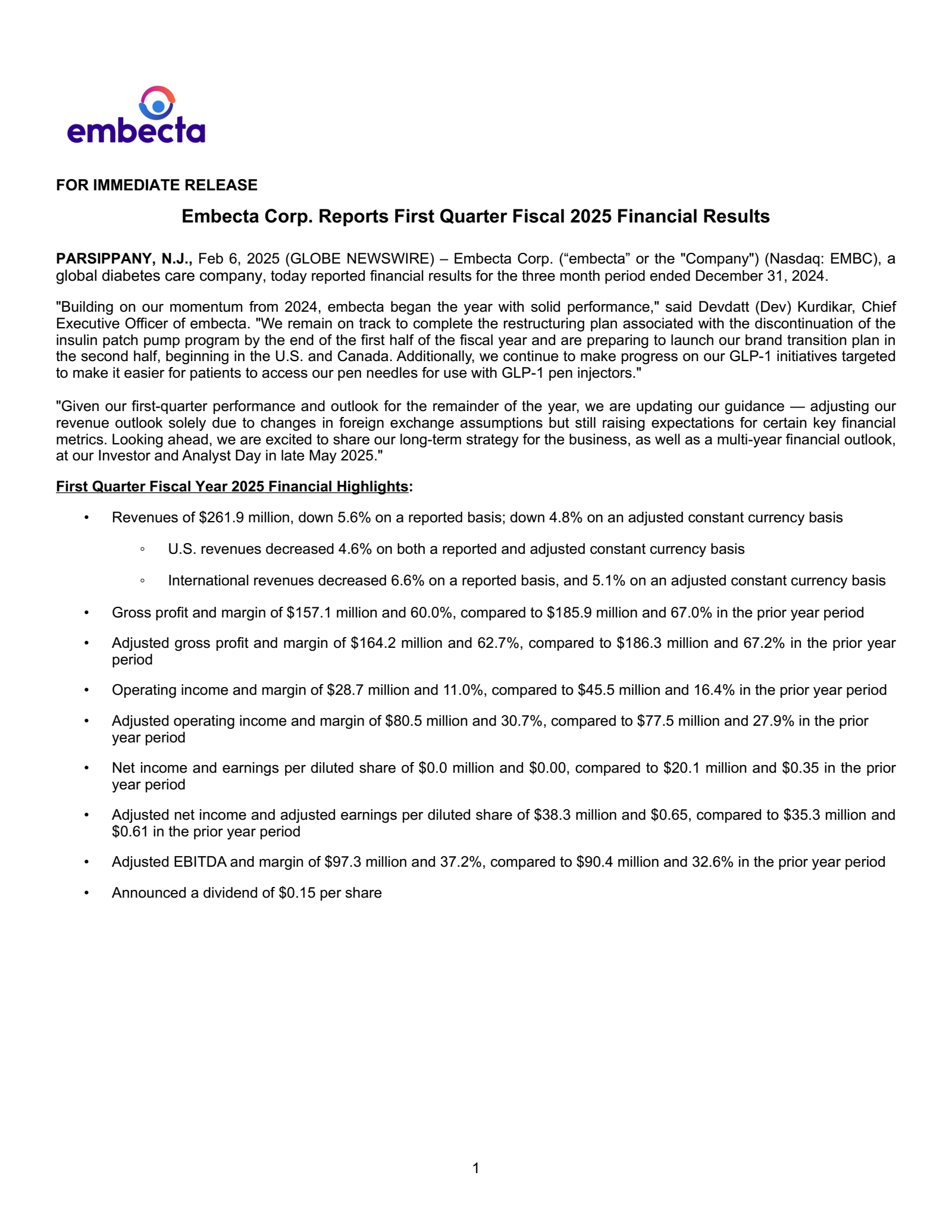 Embecta Email Format EMBC Q1 2025 Earnings Report on 2/6/2025
