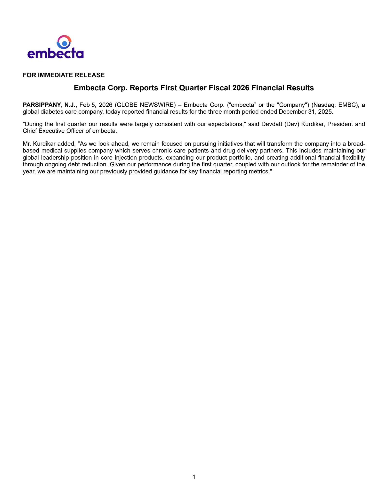 Embecta's Q1 2026 Press Release