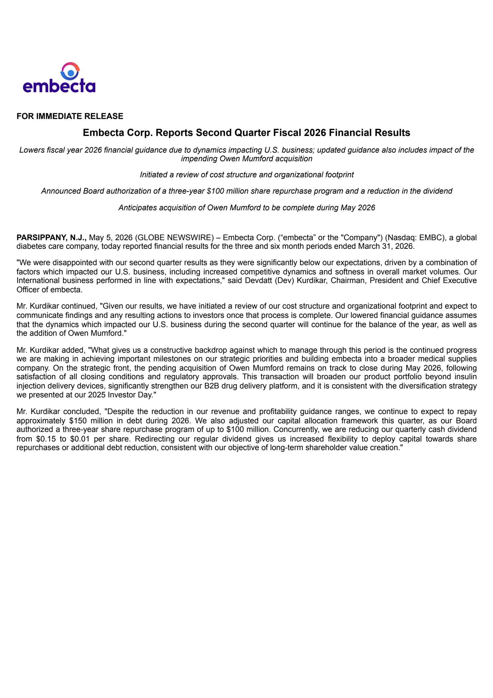 Embecta's Q2 2026 Press Release