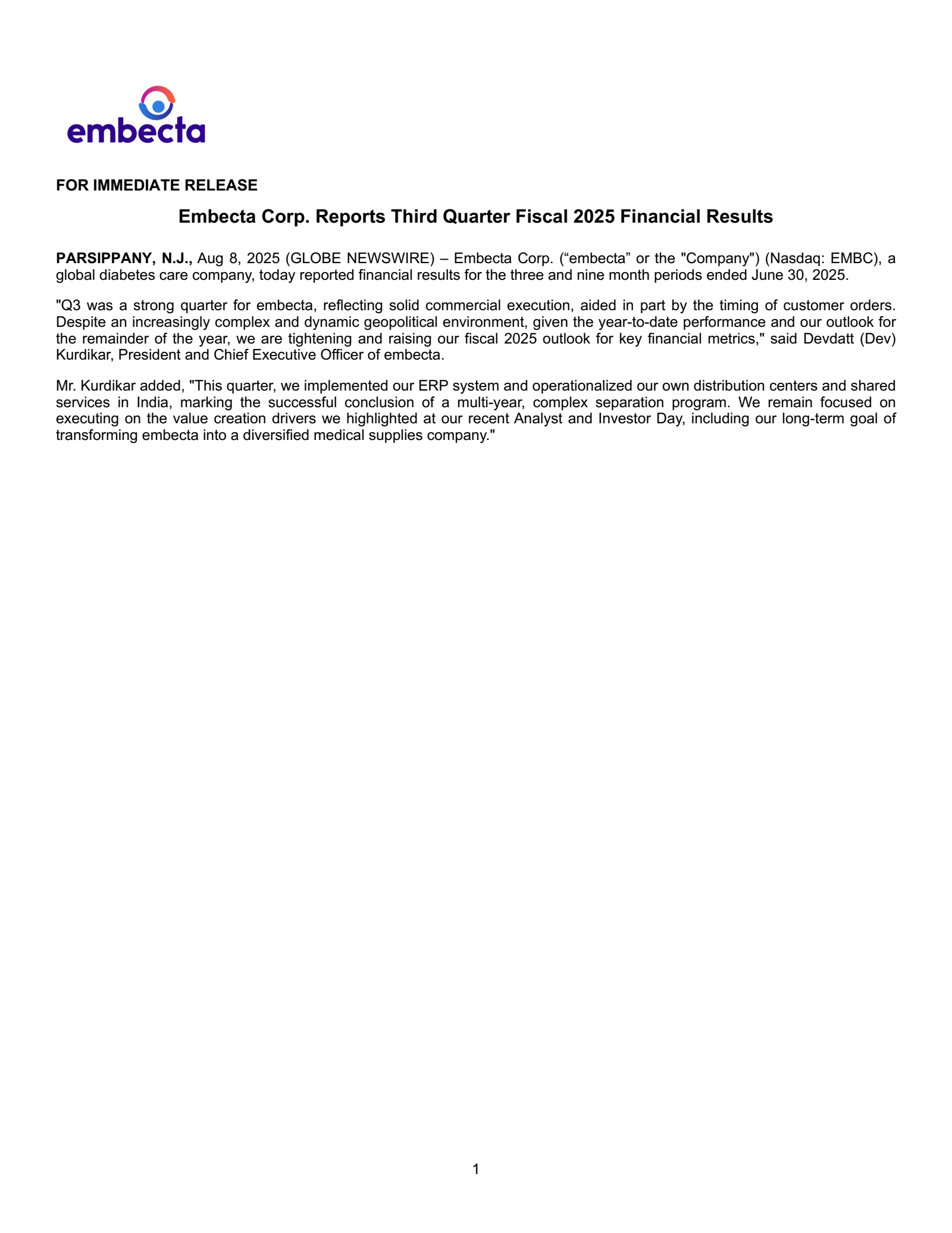 Embecta's Q3 2025 Press Release