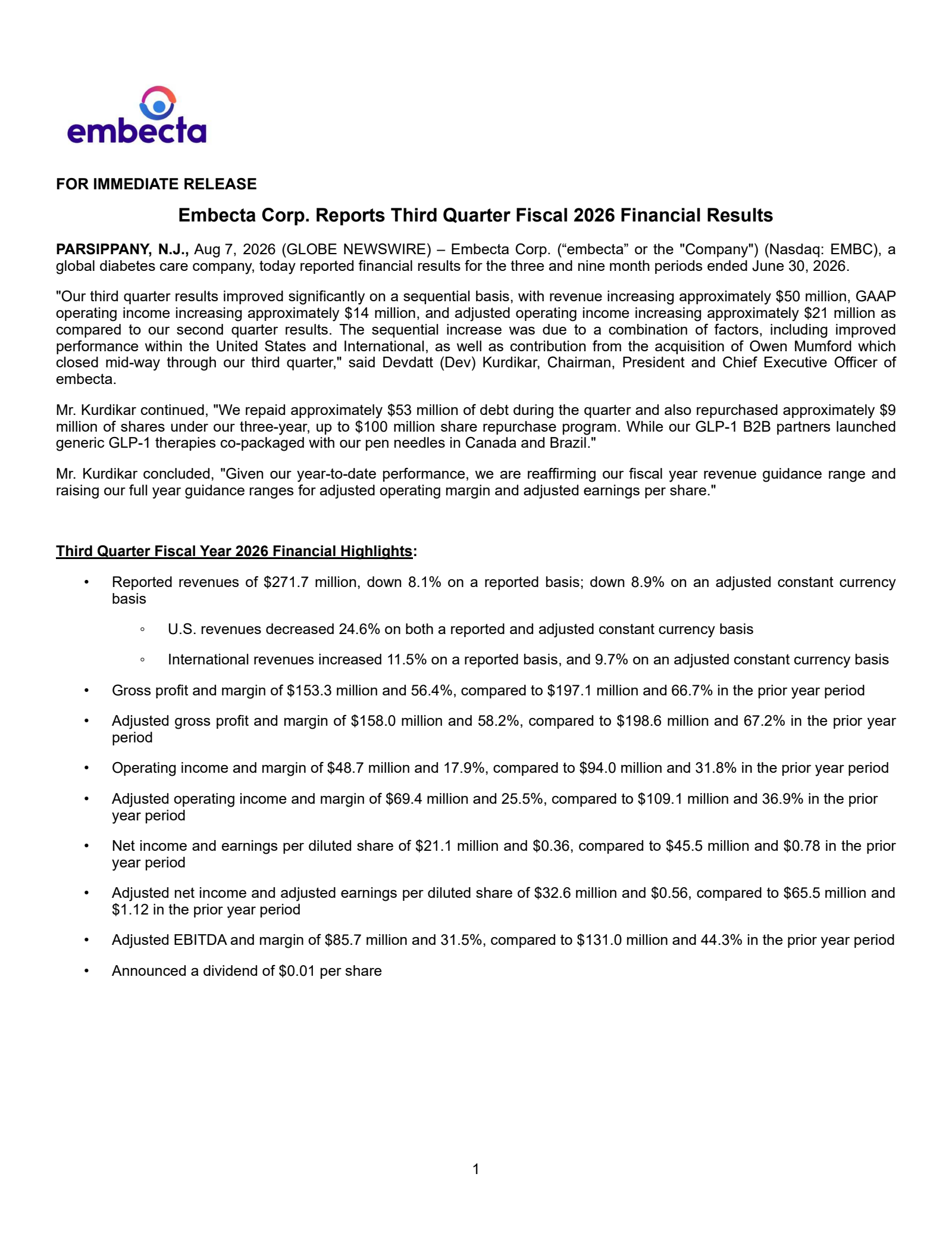 Embecta's Q3 2026 Press Release