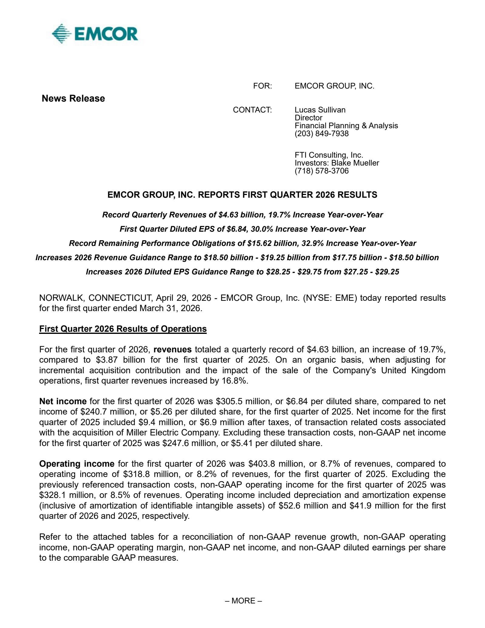 EMCOR Group's Q1 2026 Press Release