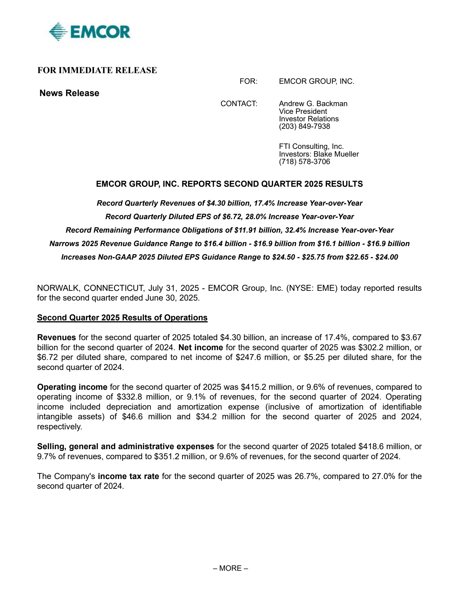 EMCOR Group's Q2 2025 Press Release