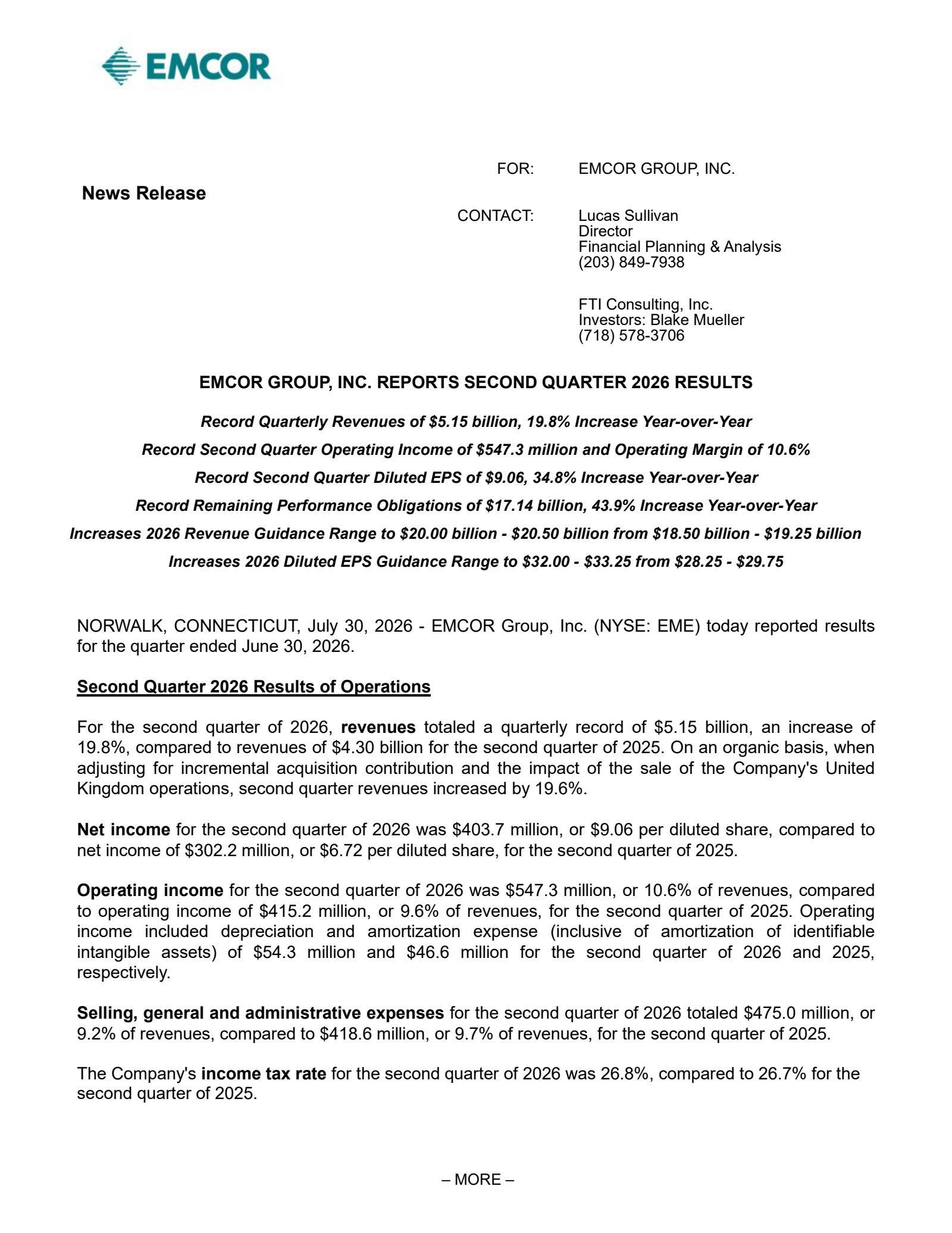 EMCOR Group's Q2 2026 Press Release