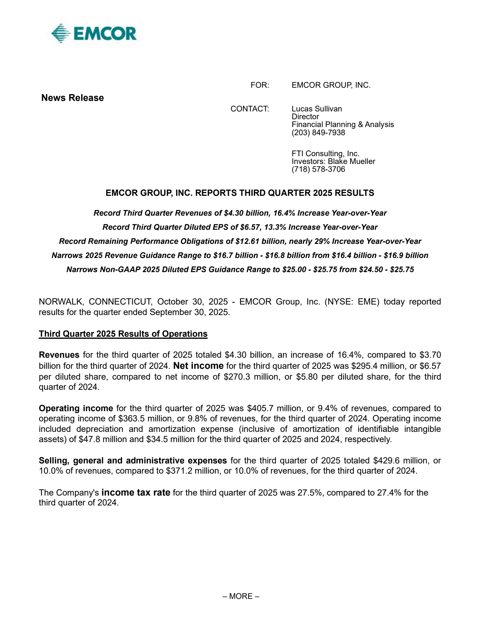 EMCOR Group's Q3 2025 Earnings Release
