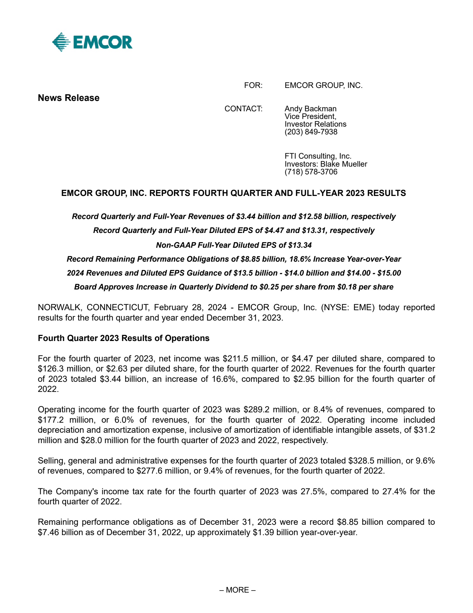 EMCOR Group's Q4 2023 Press Release