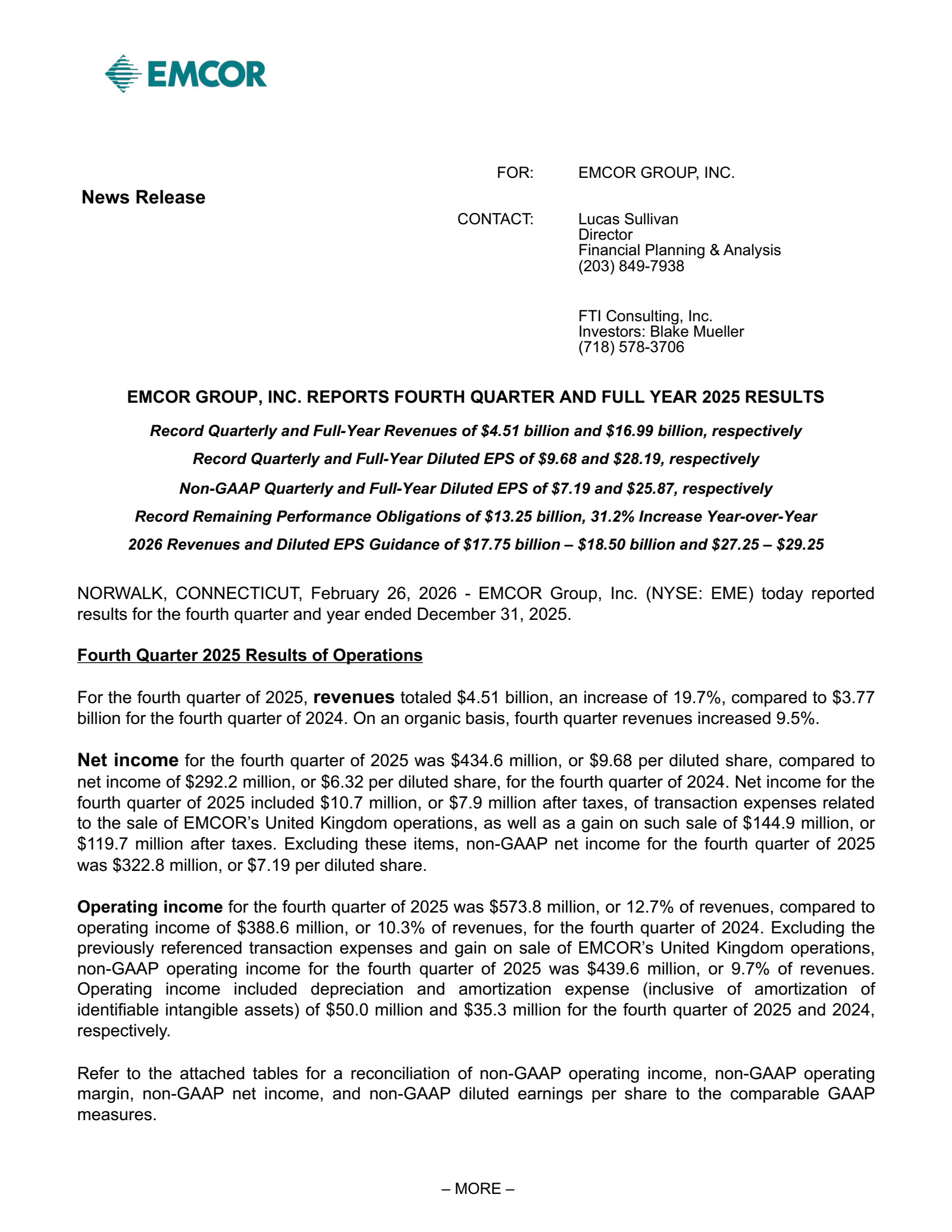 EMCOR Group's Q4 2025 Press Release