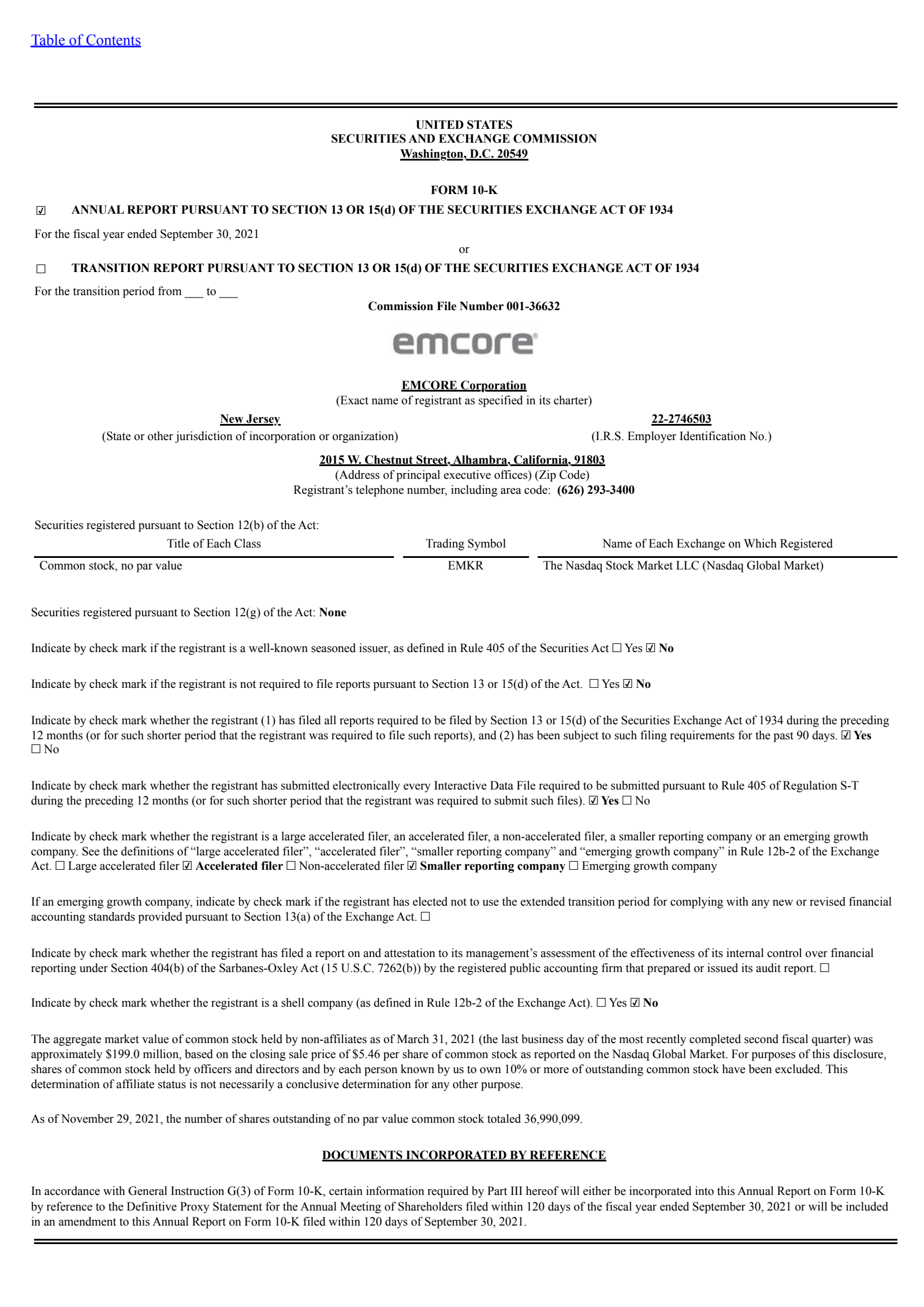 EMCORE's Q4 2021 Annual report