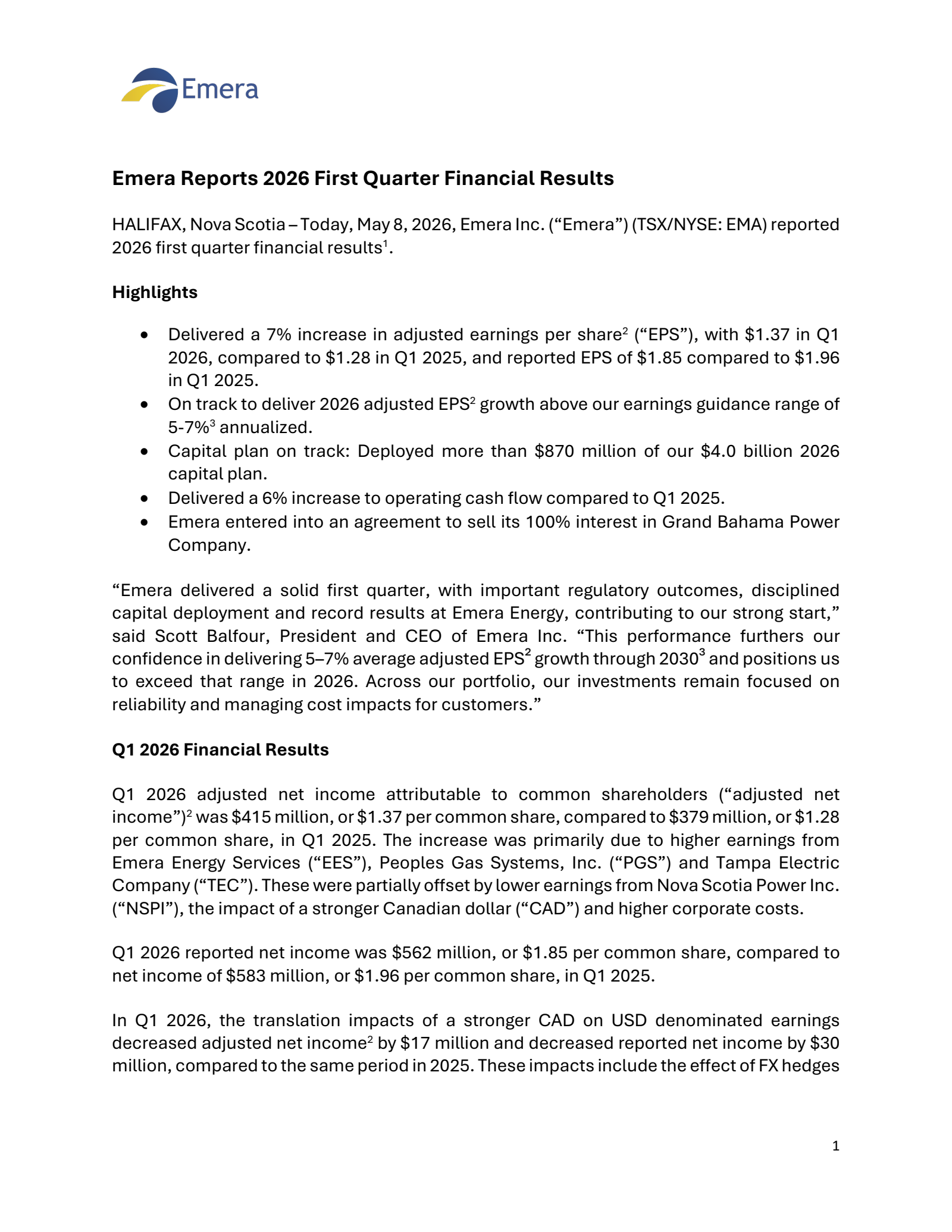 Emera's Q1 2026 Press Release