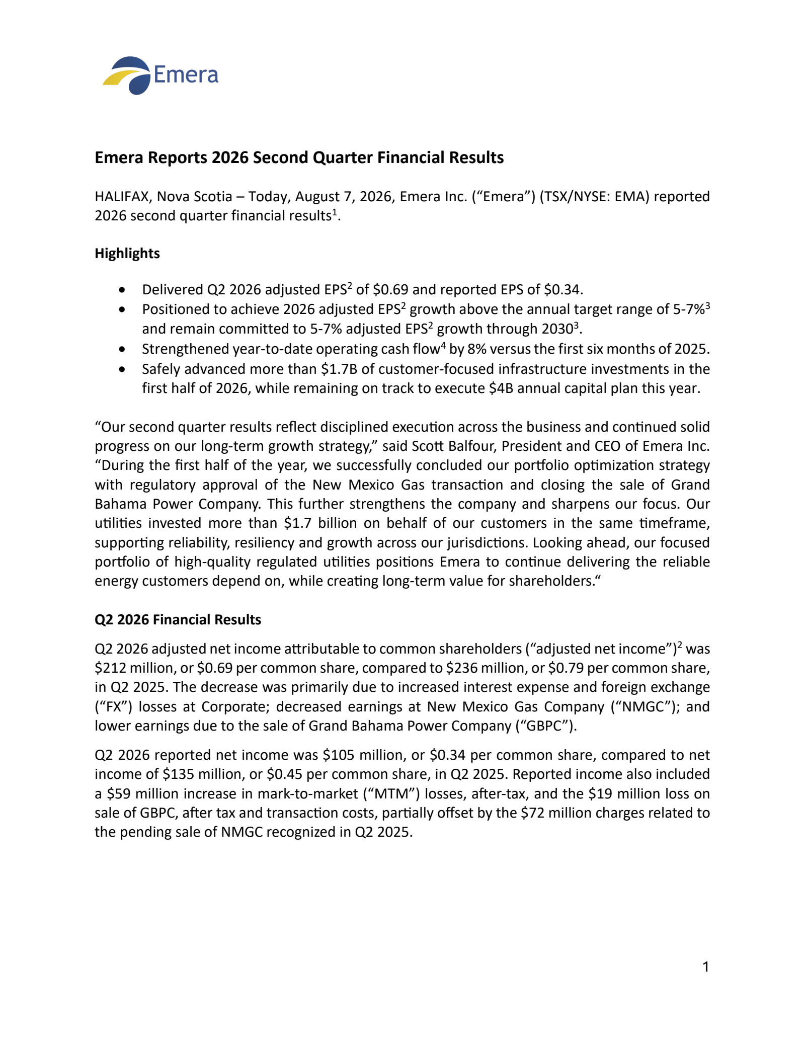 Emera's Q2 2026 Press Release