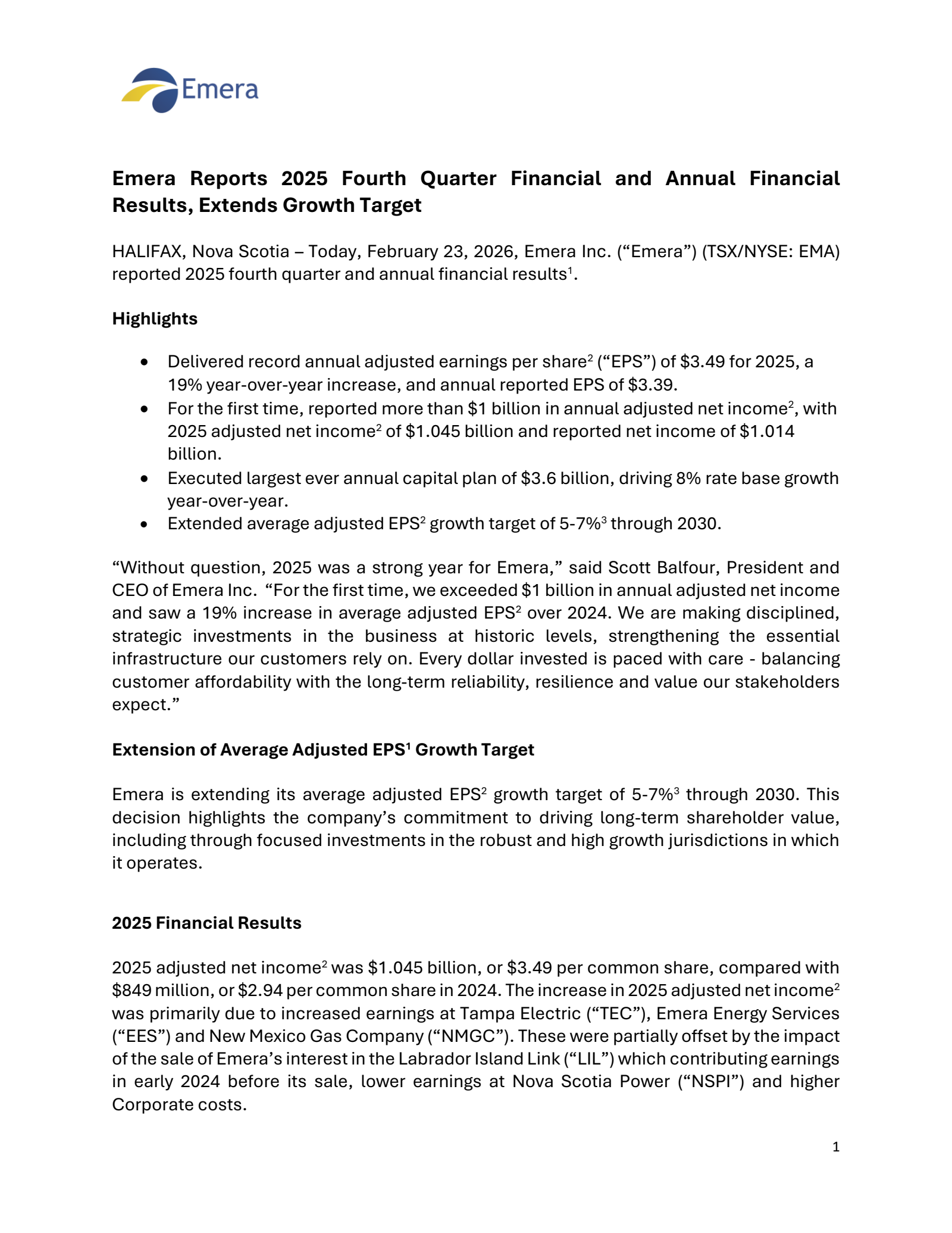 Emera's Q4 2025 Press Release