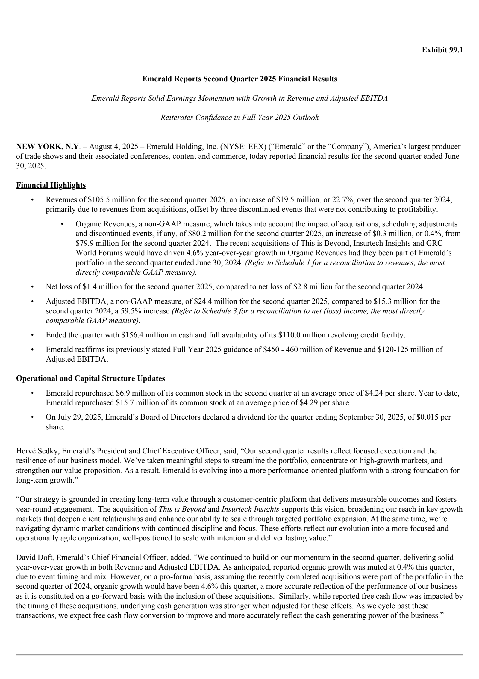 Emerald's Q2 2025 Press Release