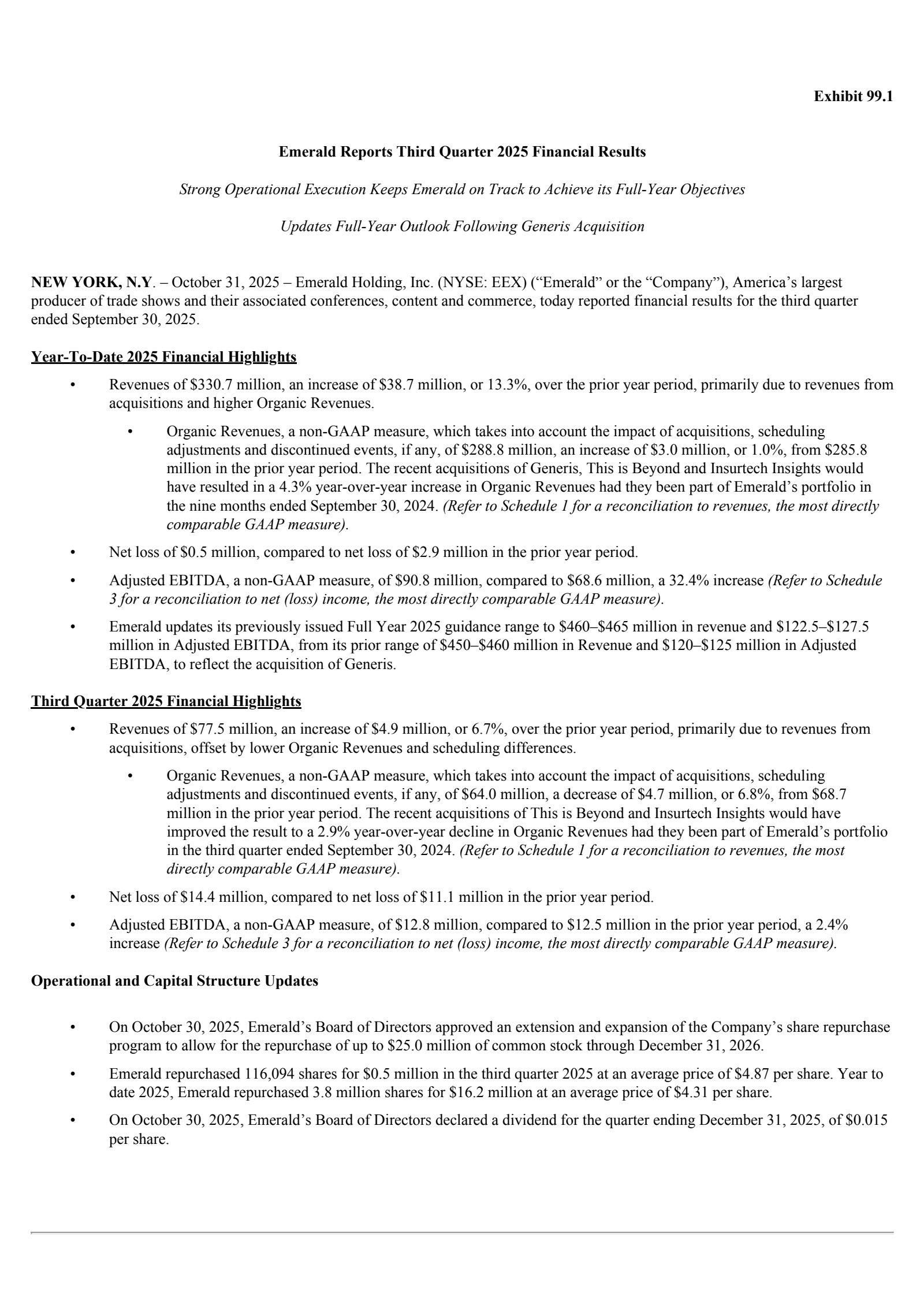 Emerald's Q3 2025 Earnings Release