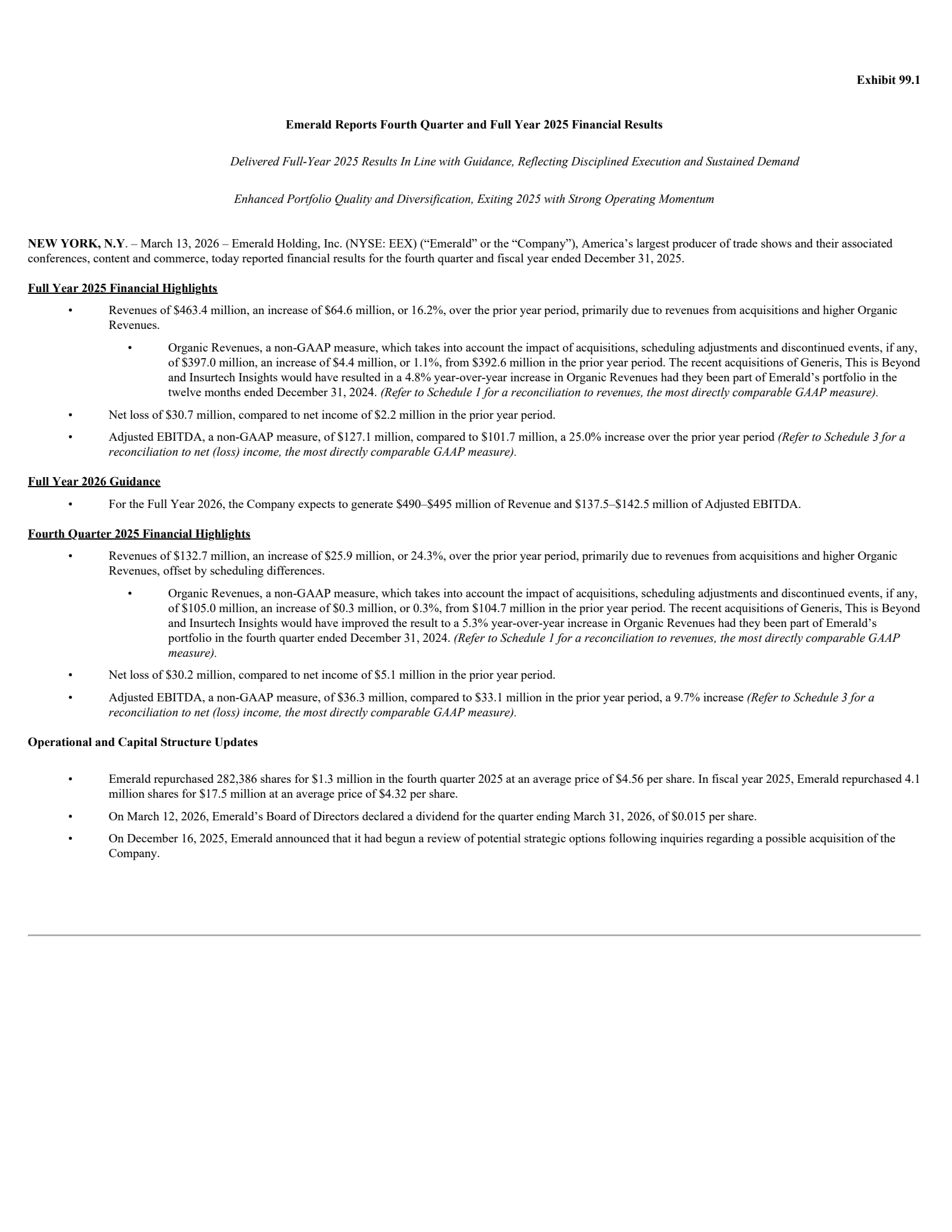 Emerald's Q4 2025 Press Release