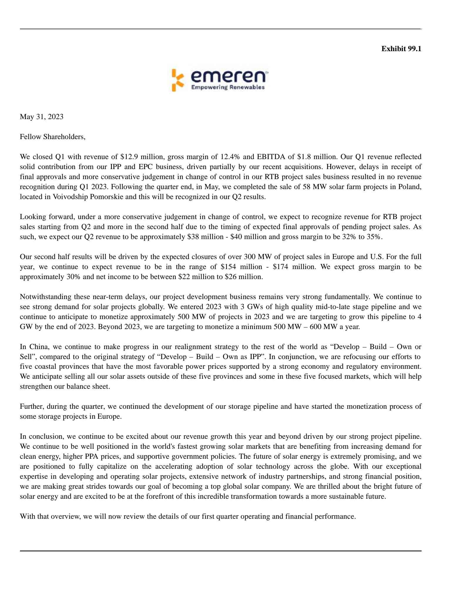 Emeren Group's Q1 2023 Press Release
