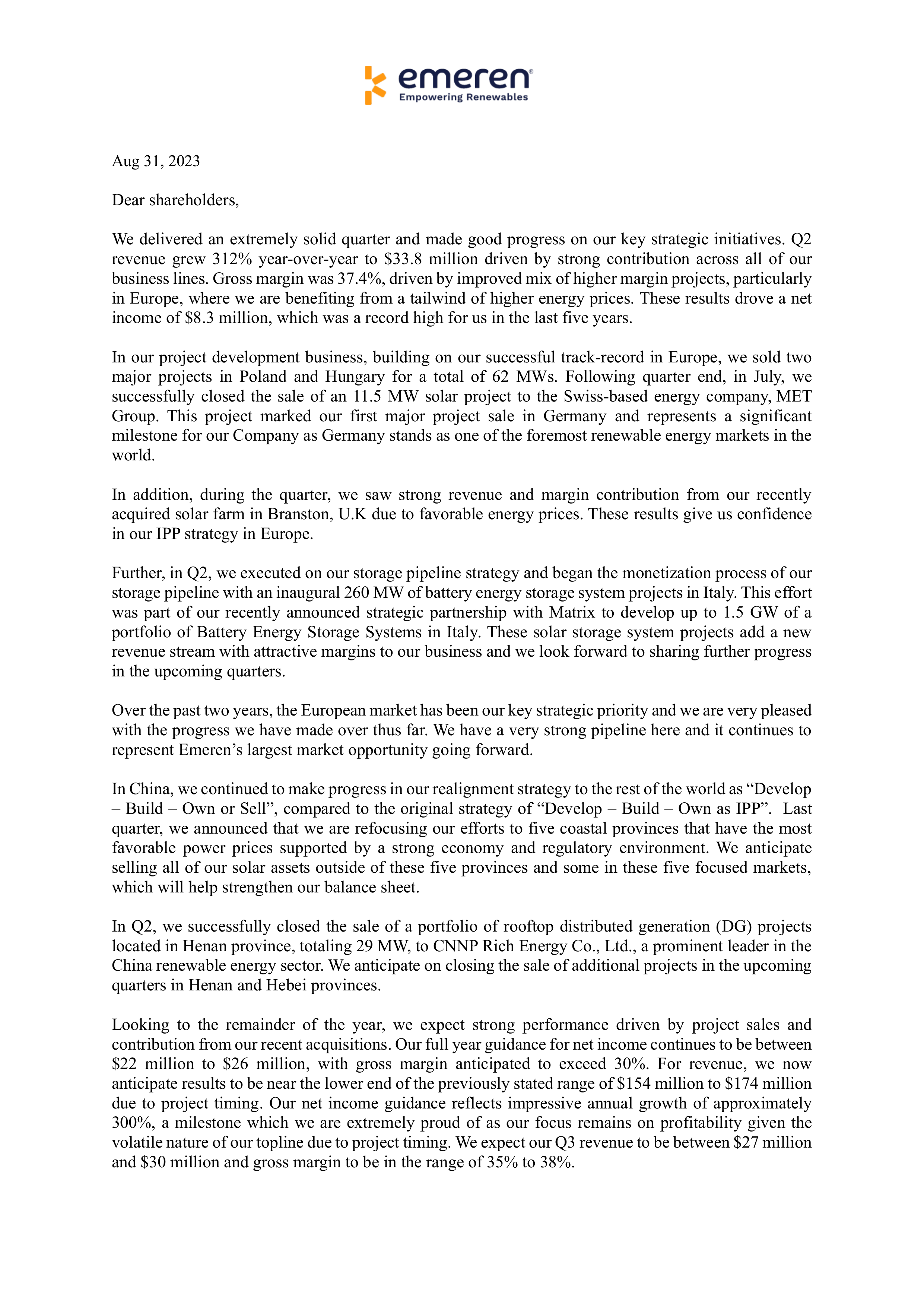 Emeren Group's Q2 2023 Press Release