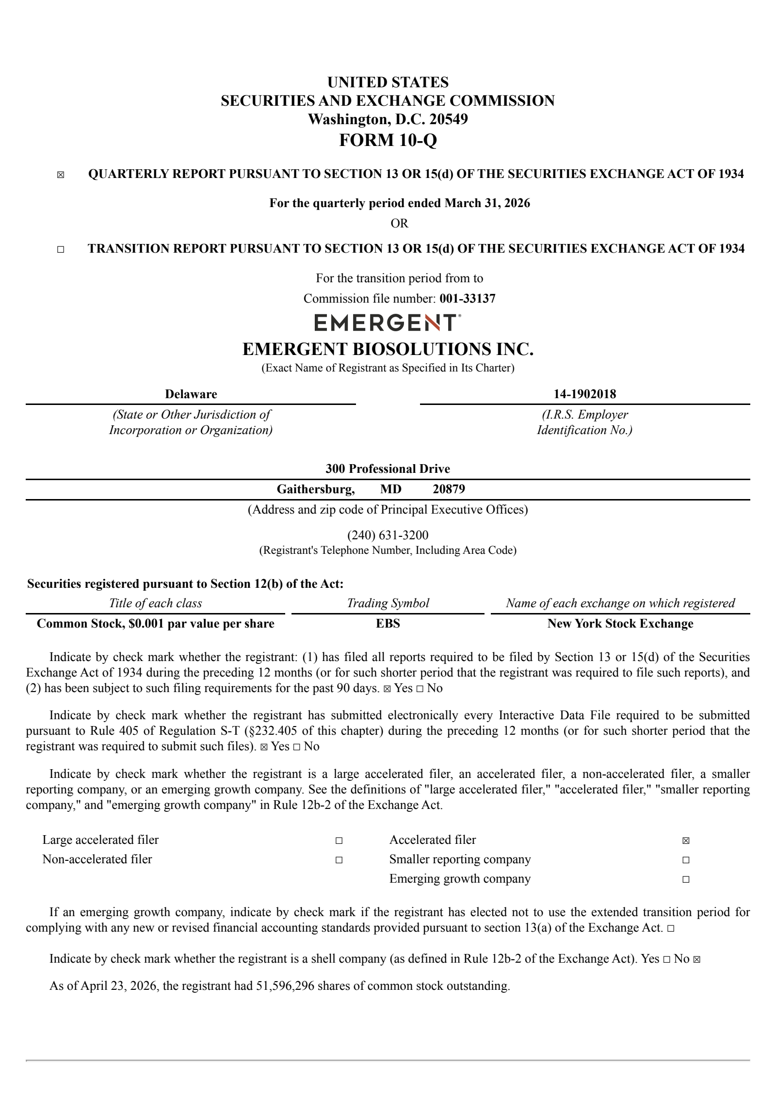 Emergent Biosolutions' Q1 2026 Quarterly report