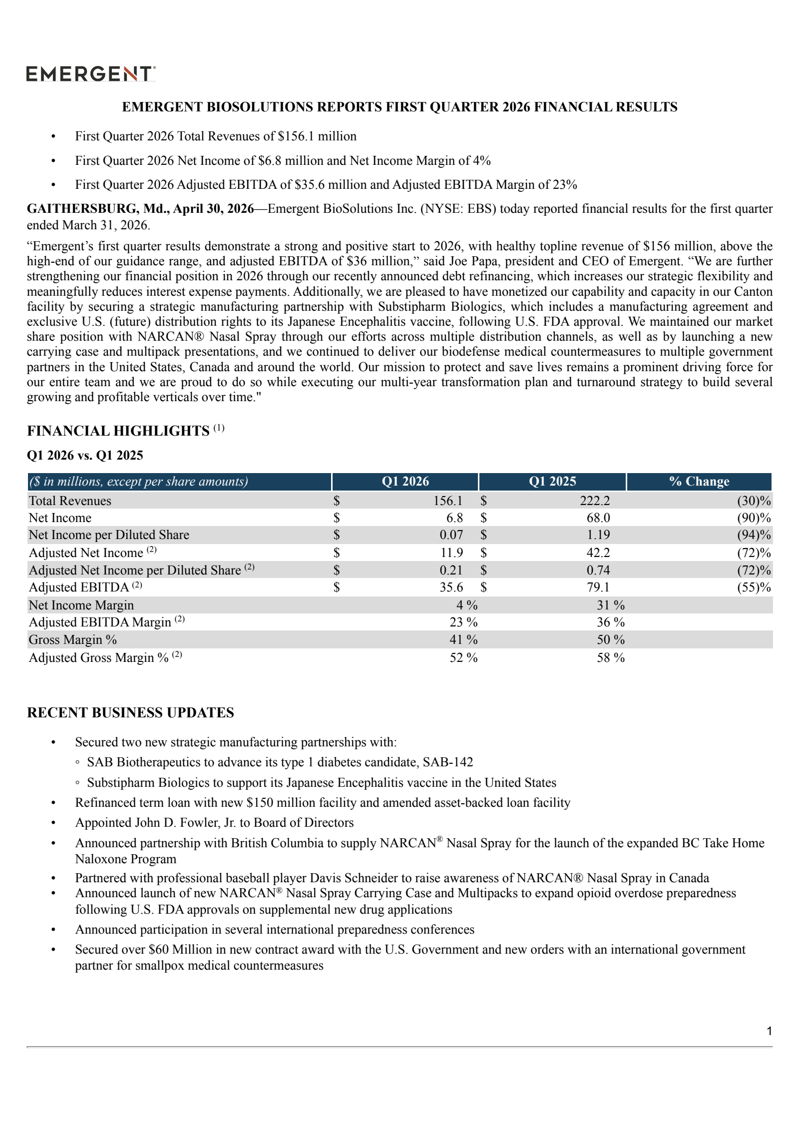 Emergent Biosolutions' Q1 2026 Press Release
